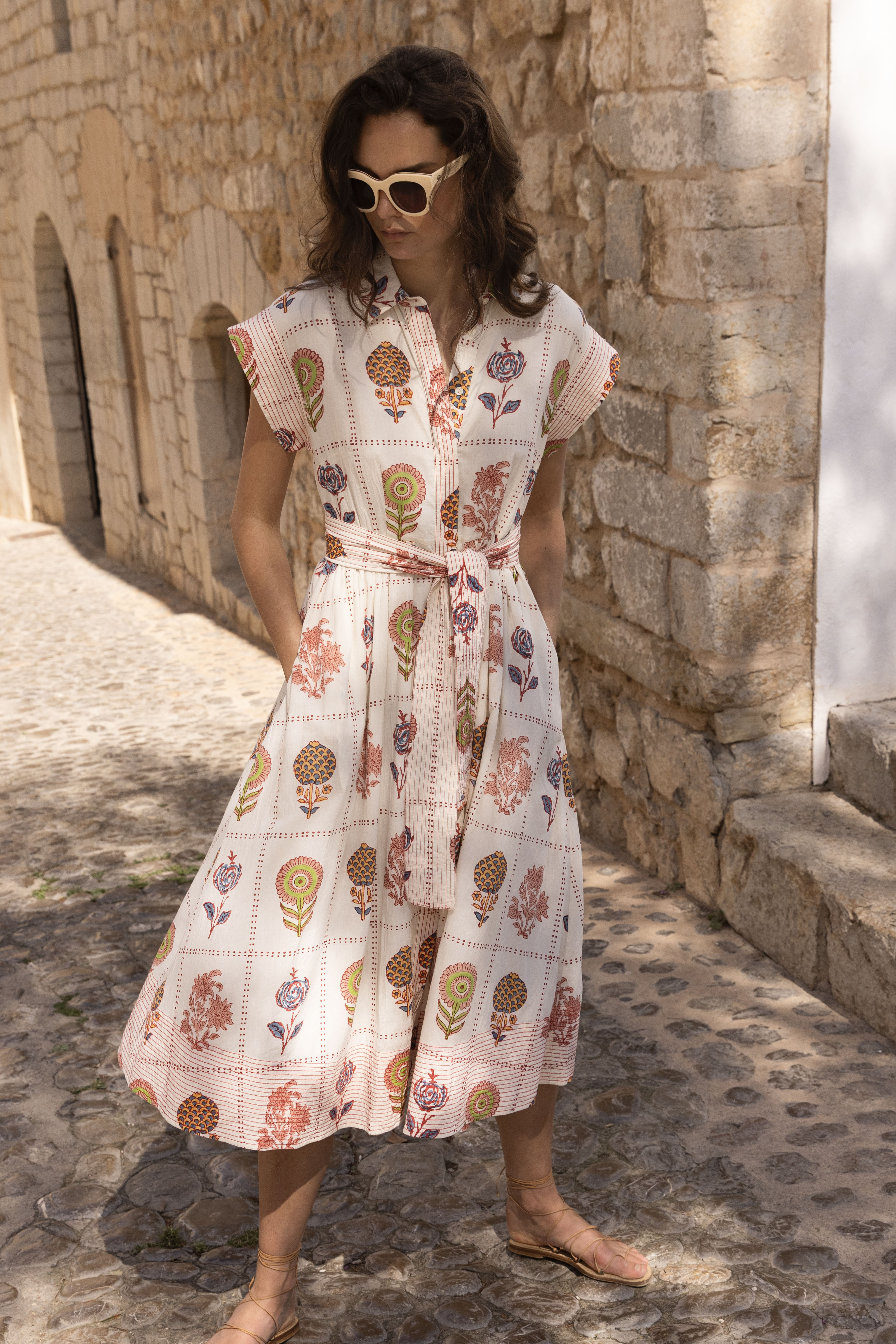 Belted Shirt Dress- Taormina Cream