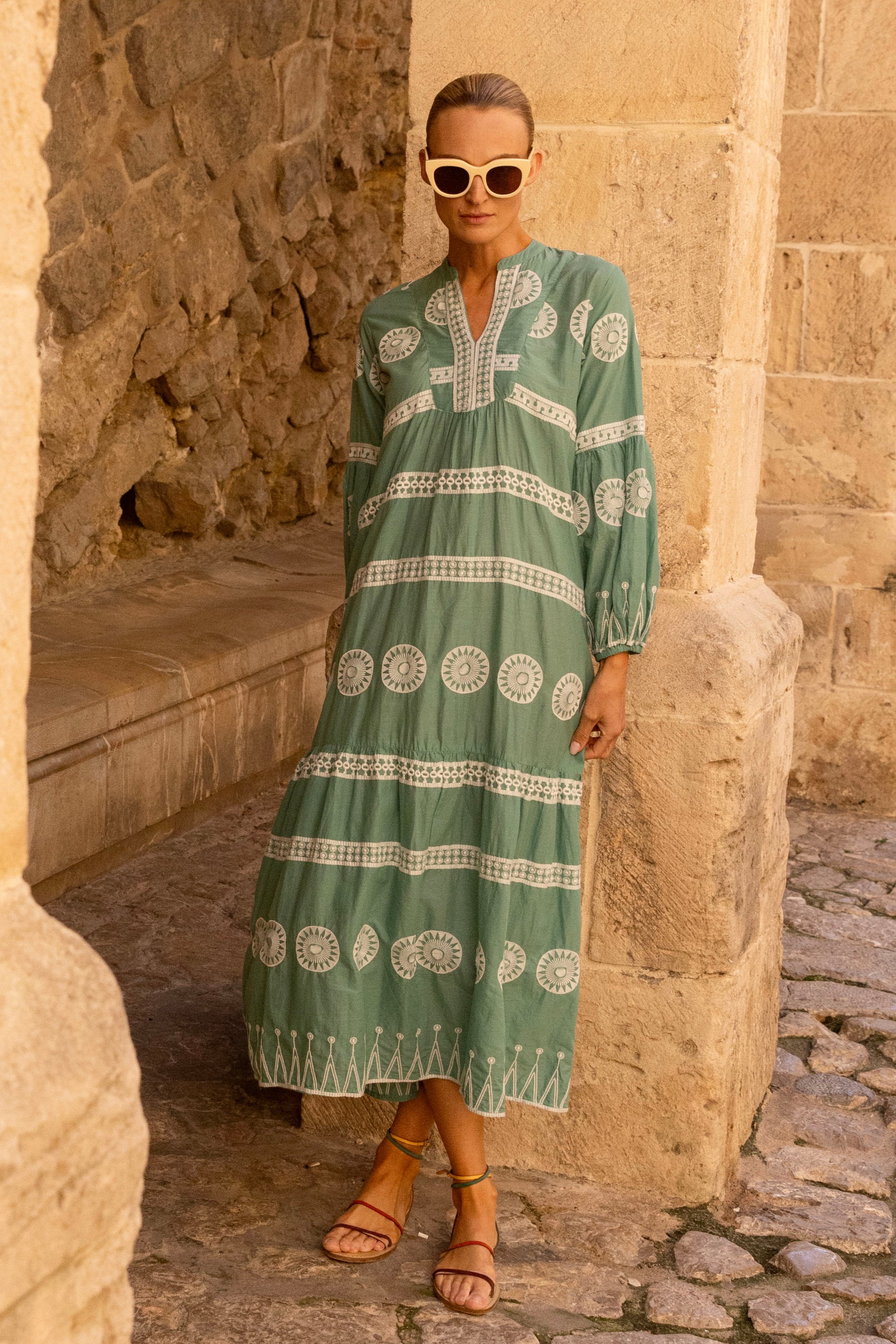 Long Sleeve Yoke Maxi- Soleil Sage