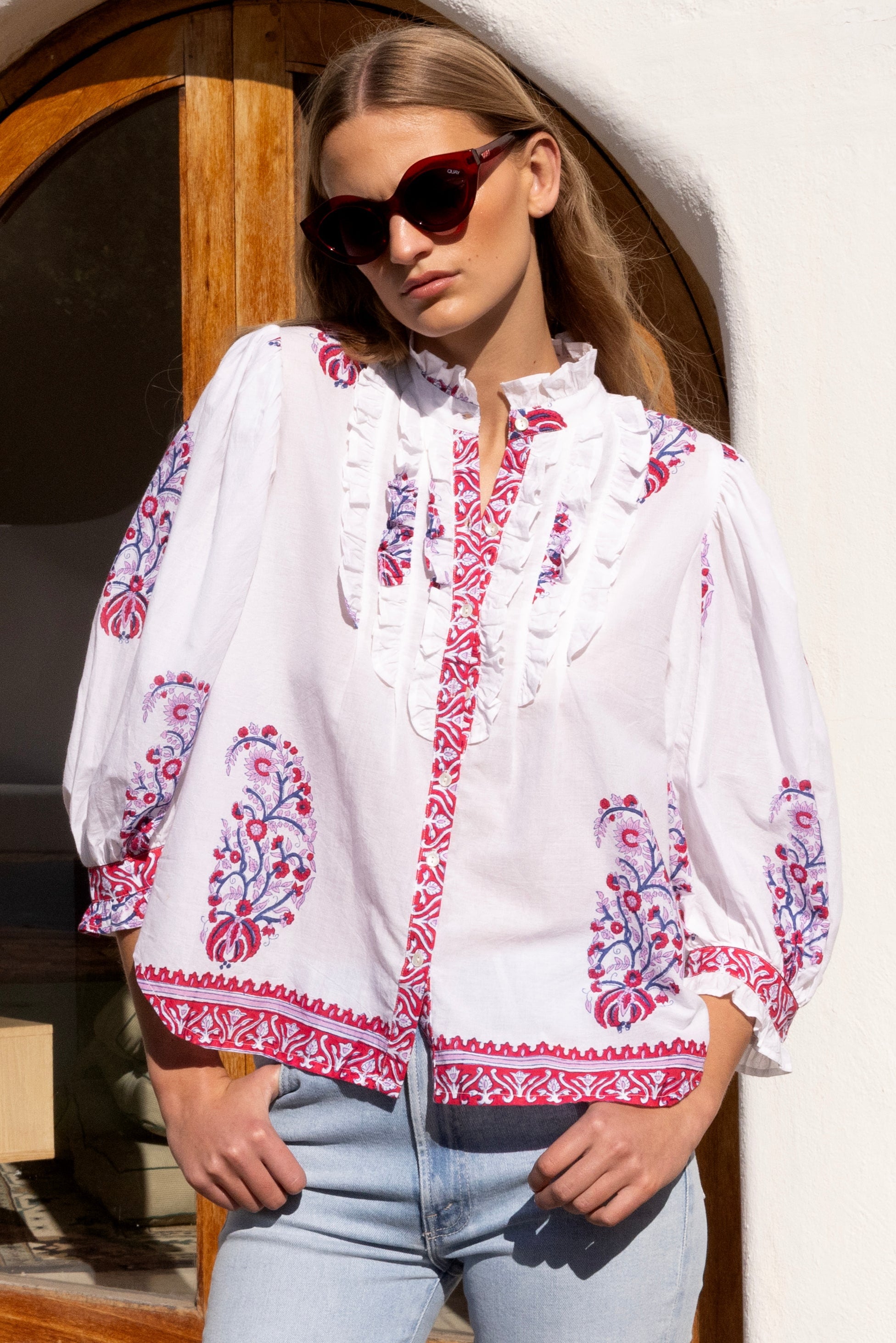 Ruffle Front Button Blouse- Verna Red