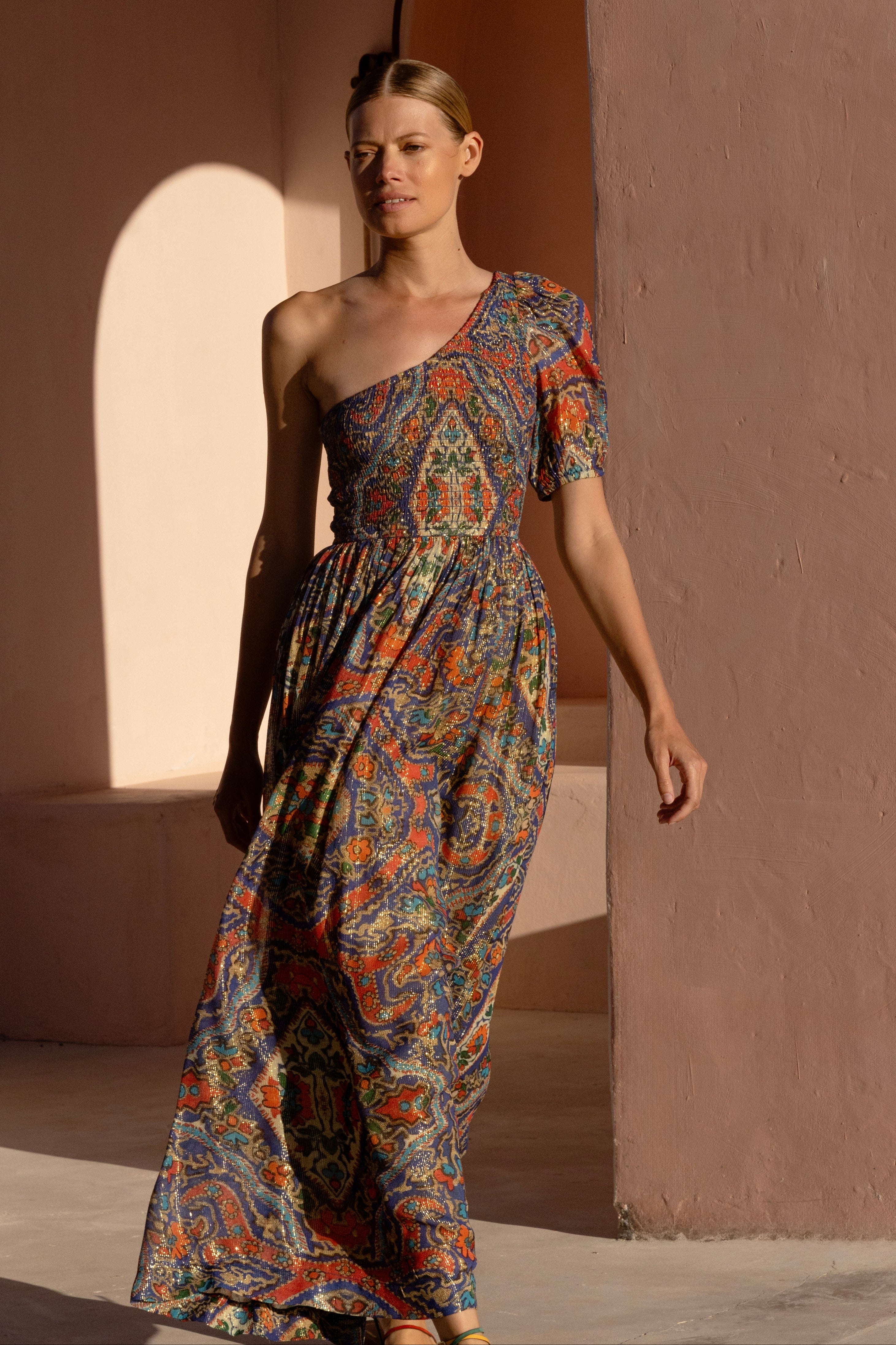 Puff Sleeve One Shoulder Smocked Maxi- Persia Cobalt