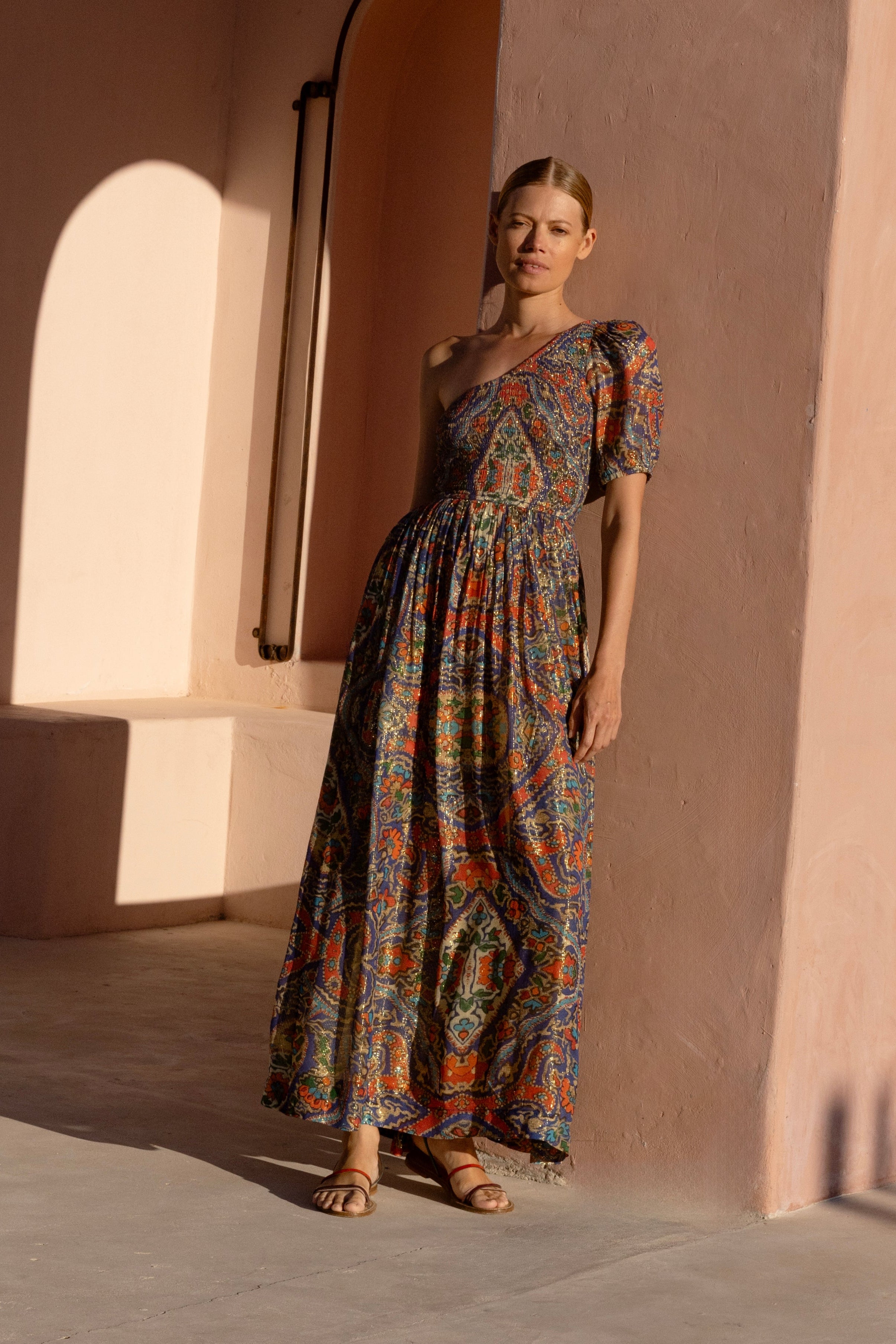 Puff Sleeve One Shoulder Smocked Maxi- Persia Cobalt