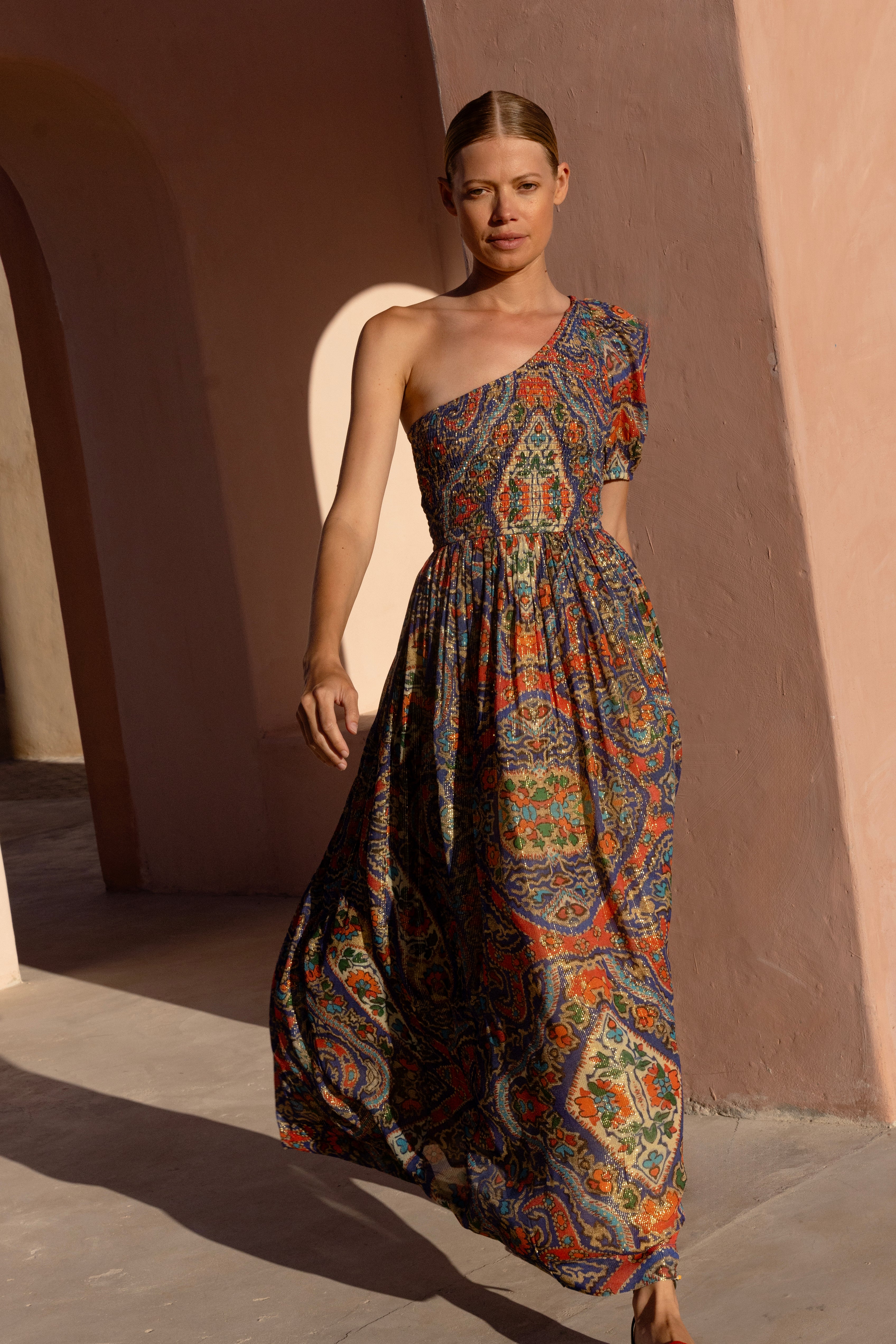 Puff Sleeve One Shoulder Smocked Maxi- Persia Cobalt