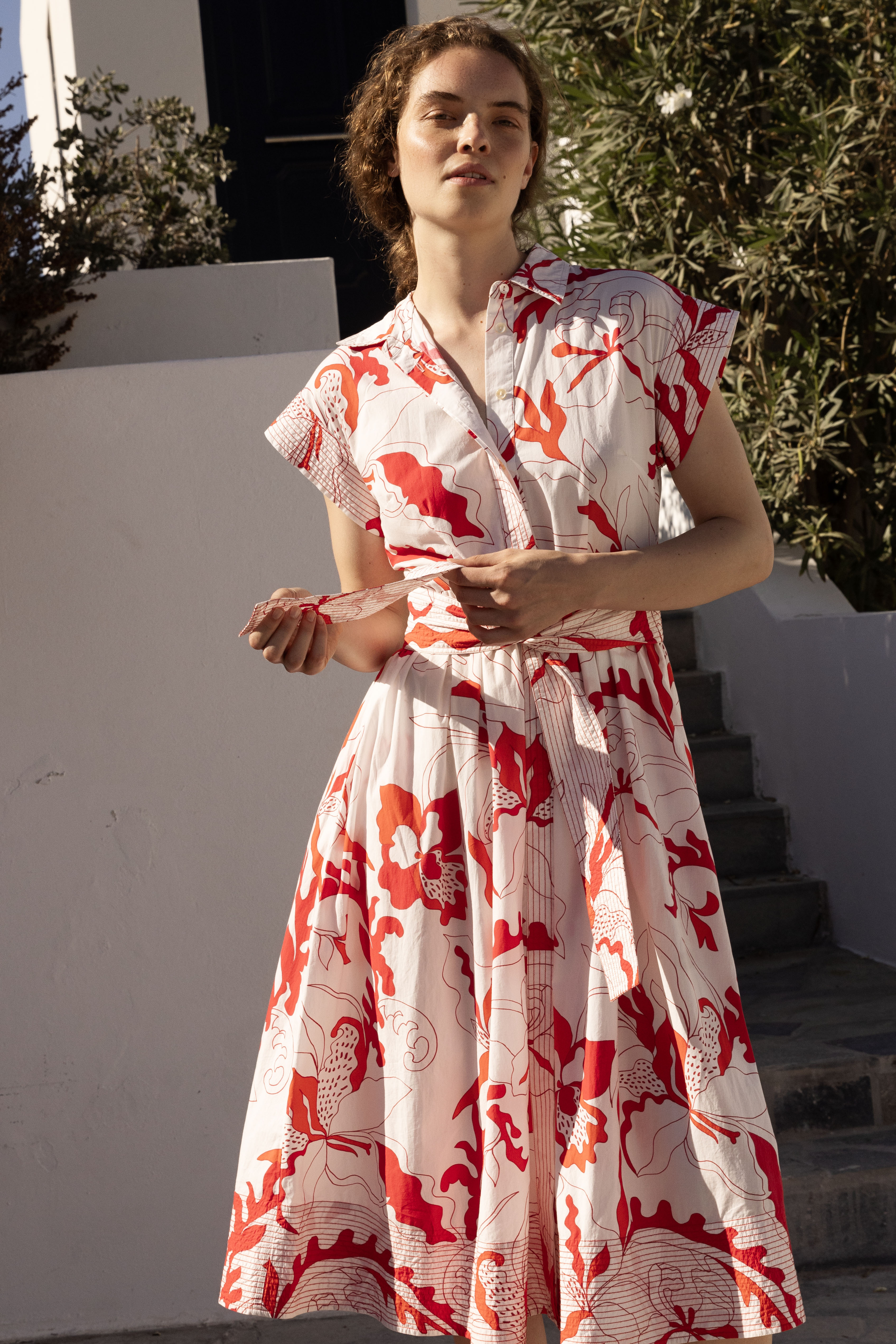 Belted Shirt Dress- Orchid Red