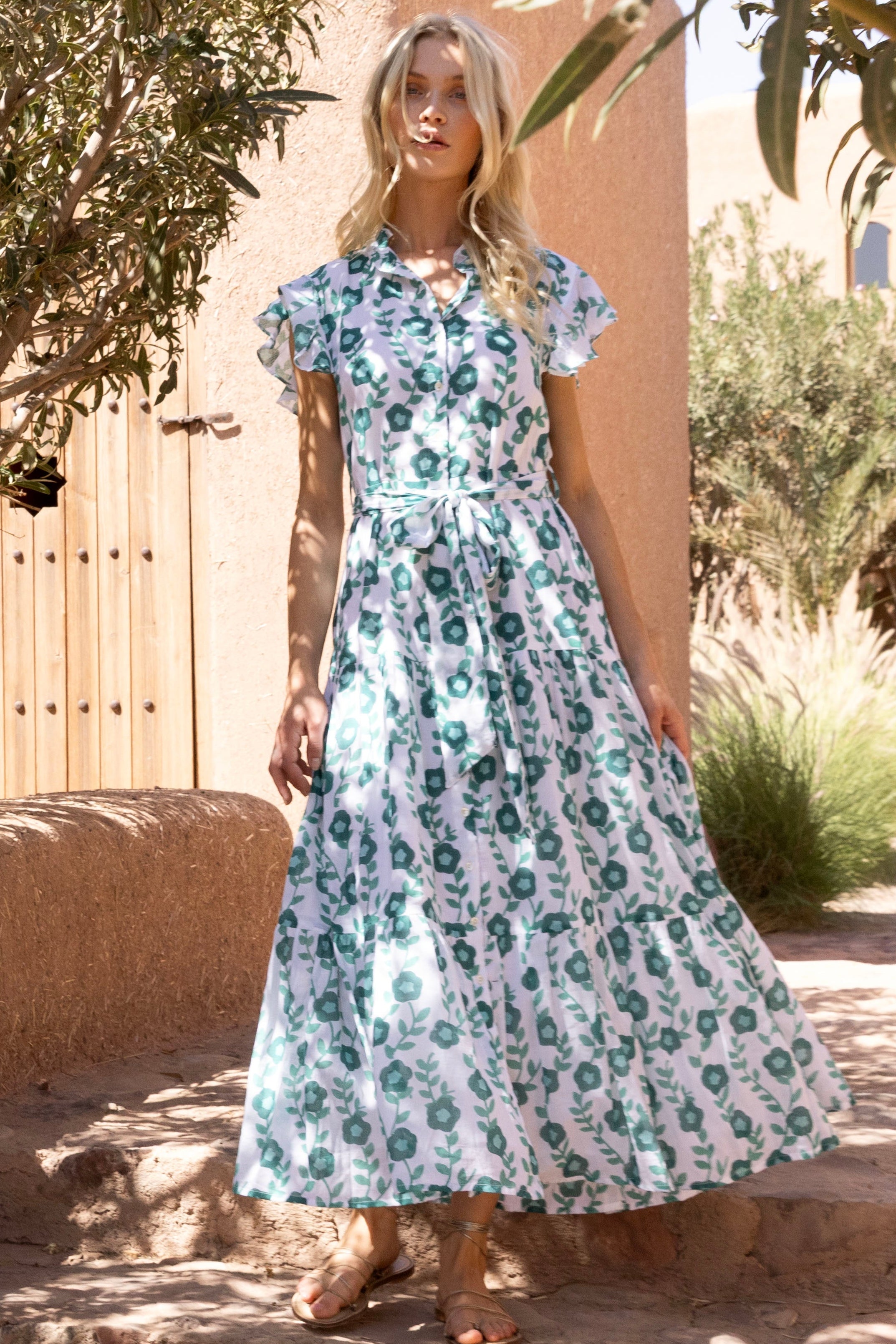 Ruffle Collar Button Maxi- Toscana Green