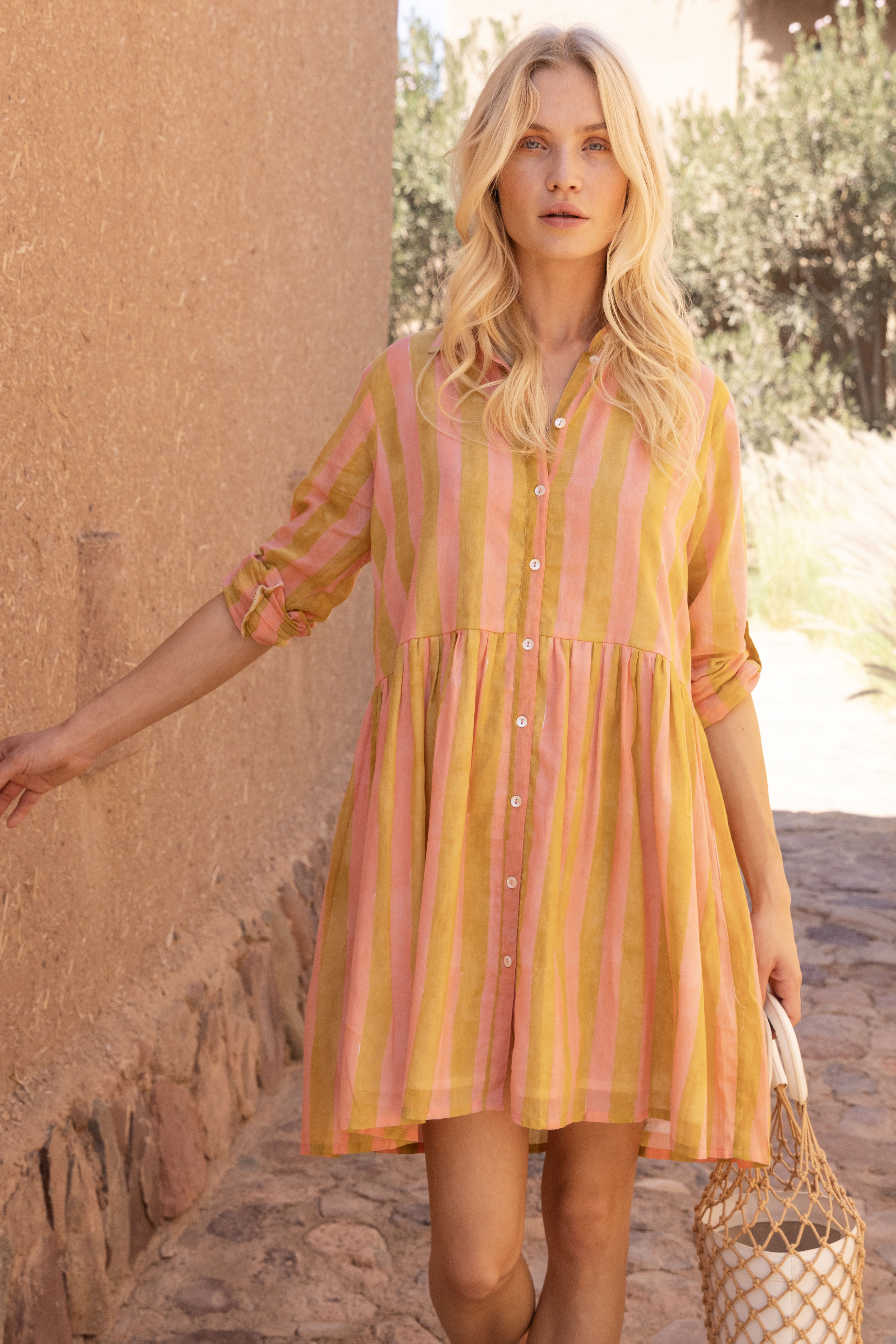Long Sleeve Shirt Dress Mini- Cabana Coral