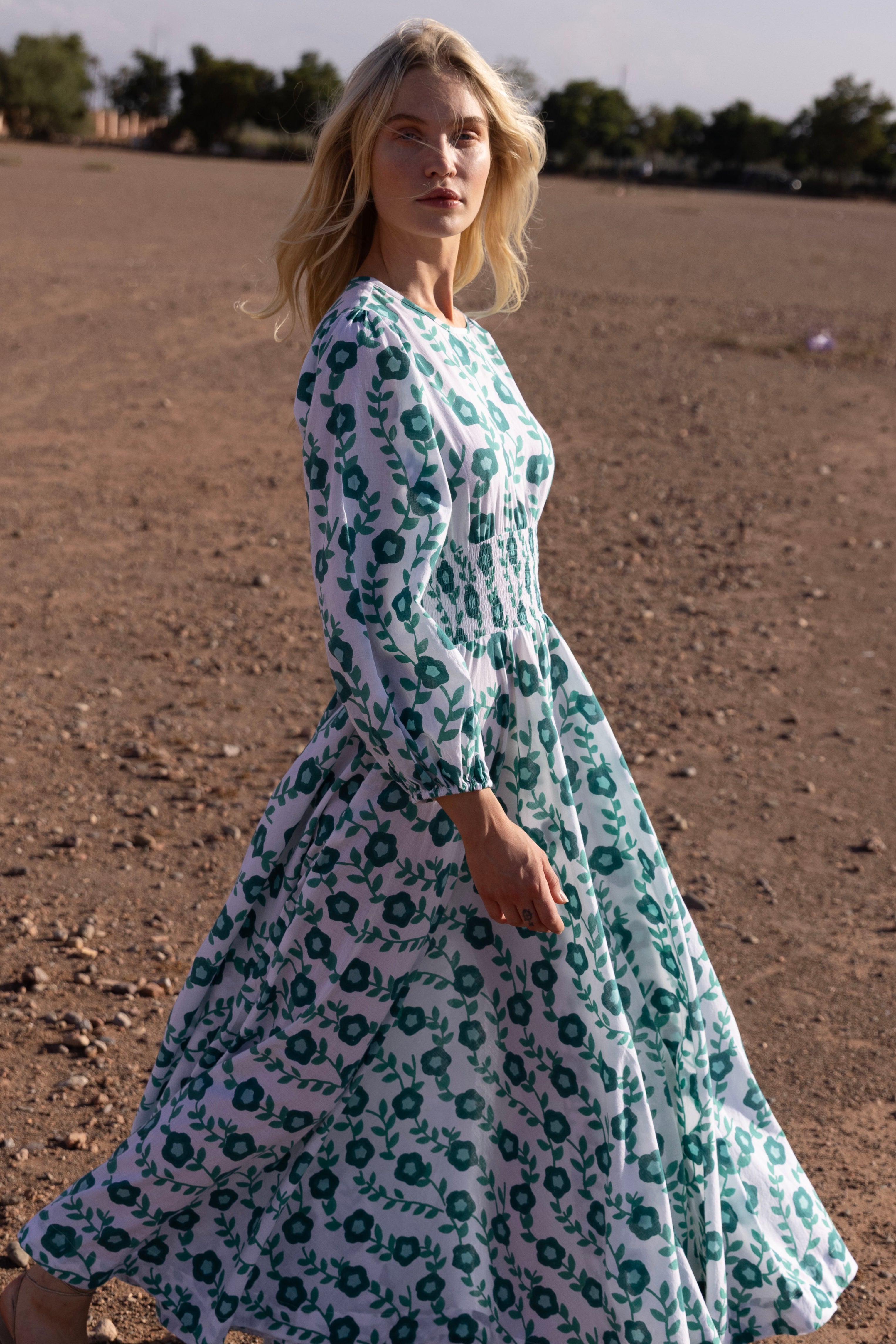 Crew Neck Smocked Waist Maxi- Toscana Green