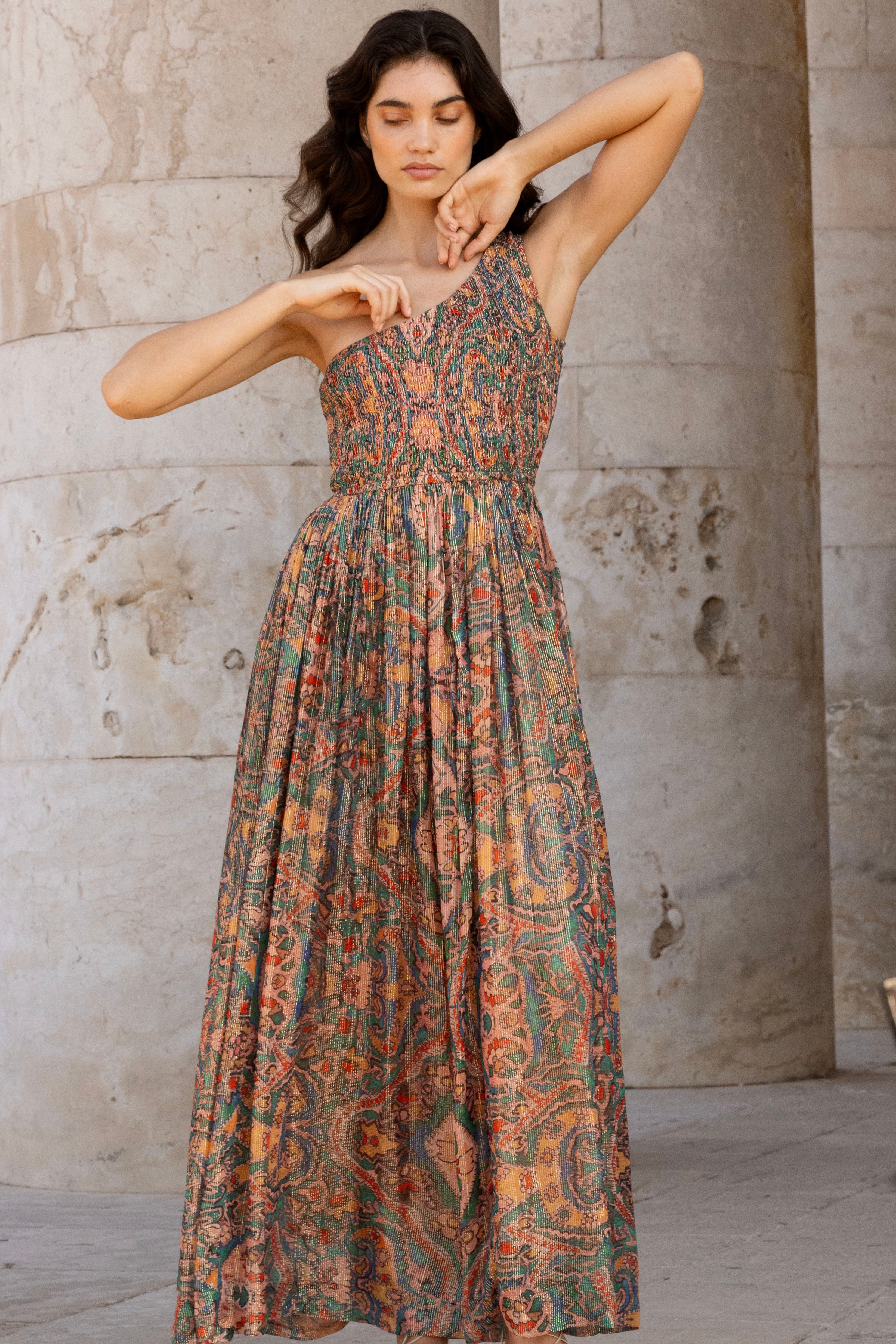 One Shoulder Smocked Maxi- Persia Aqua