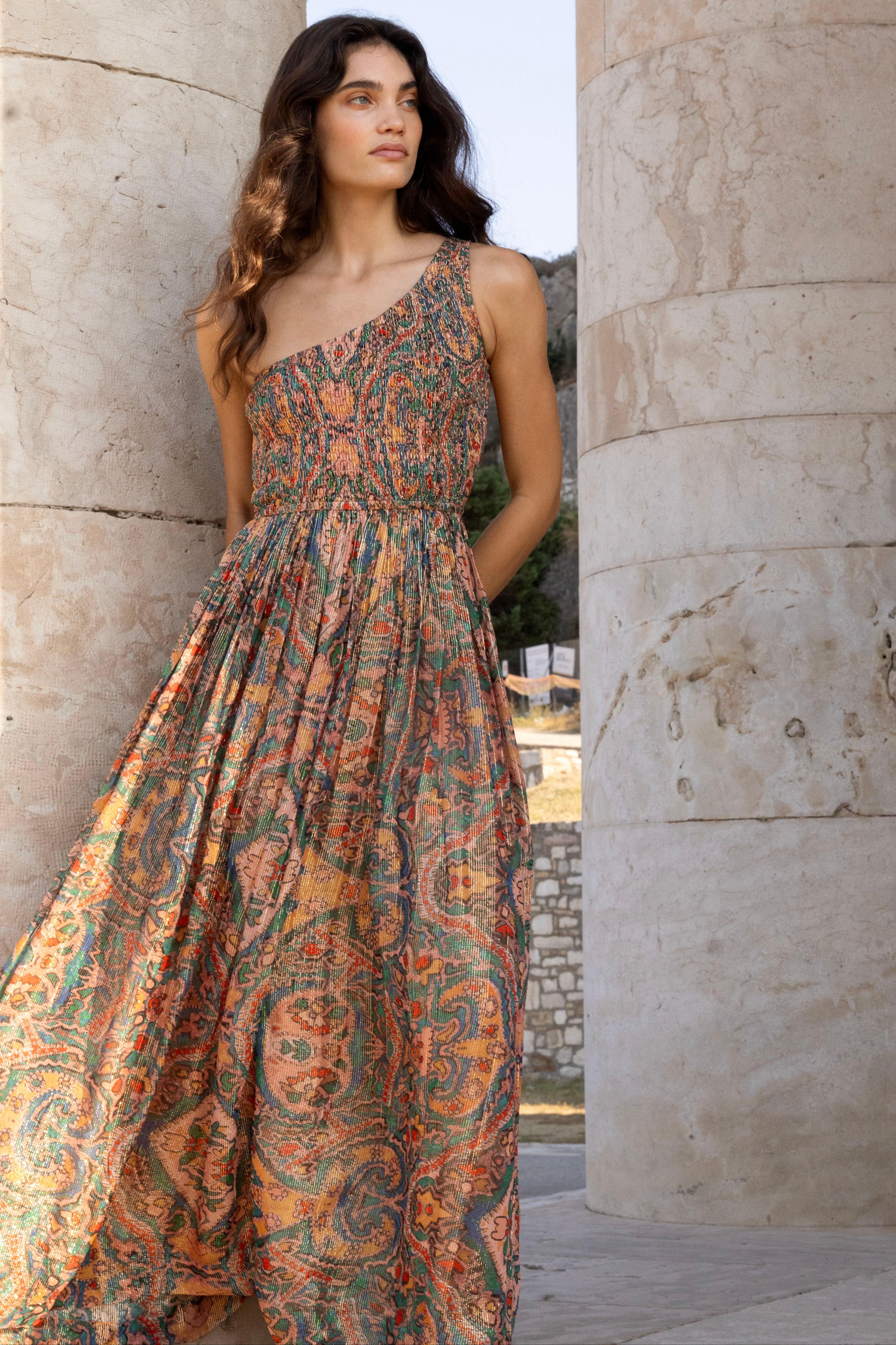 One Shoulder Smocked Maxi- Persia Aqua
