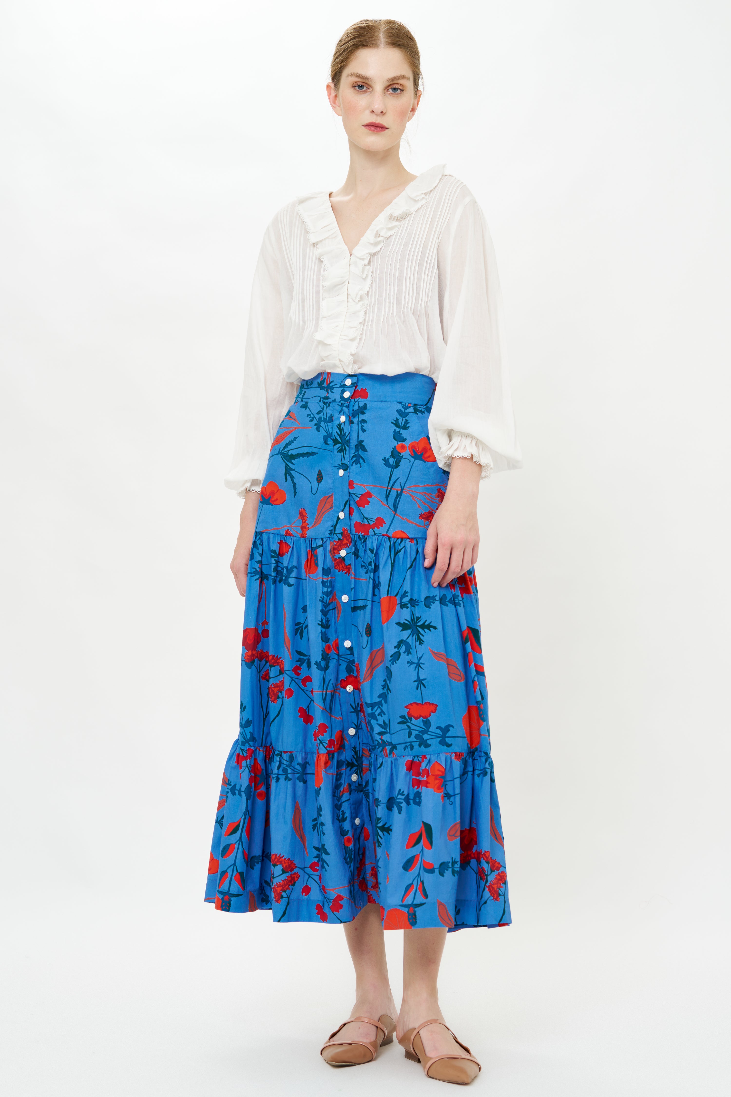 Button Front Skirt- Bartram Blue