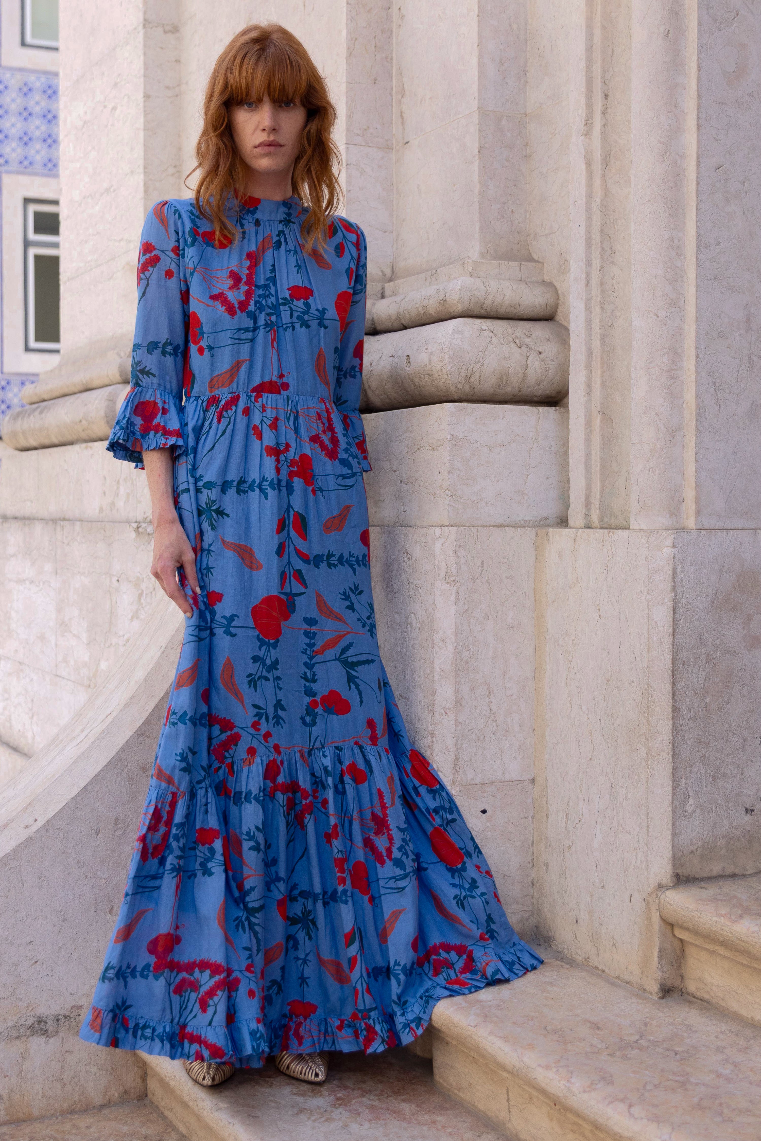 High Neck Bell Maxi- Bartram Blue