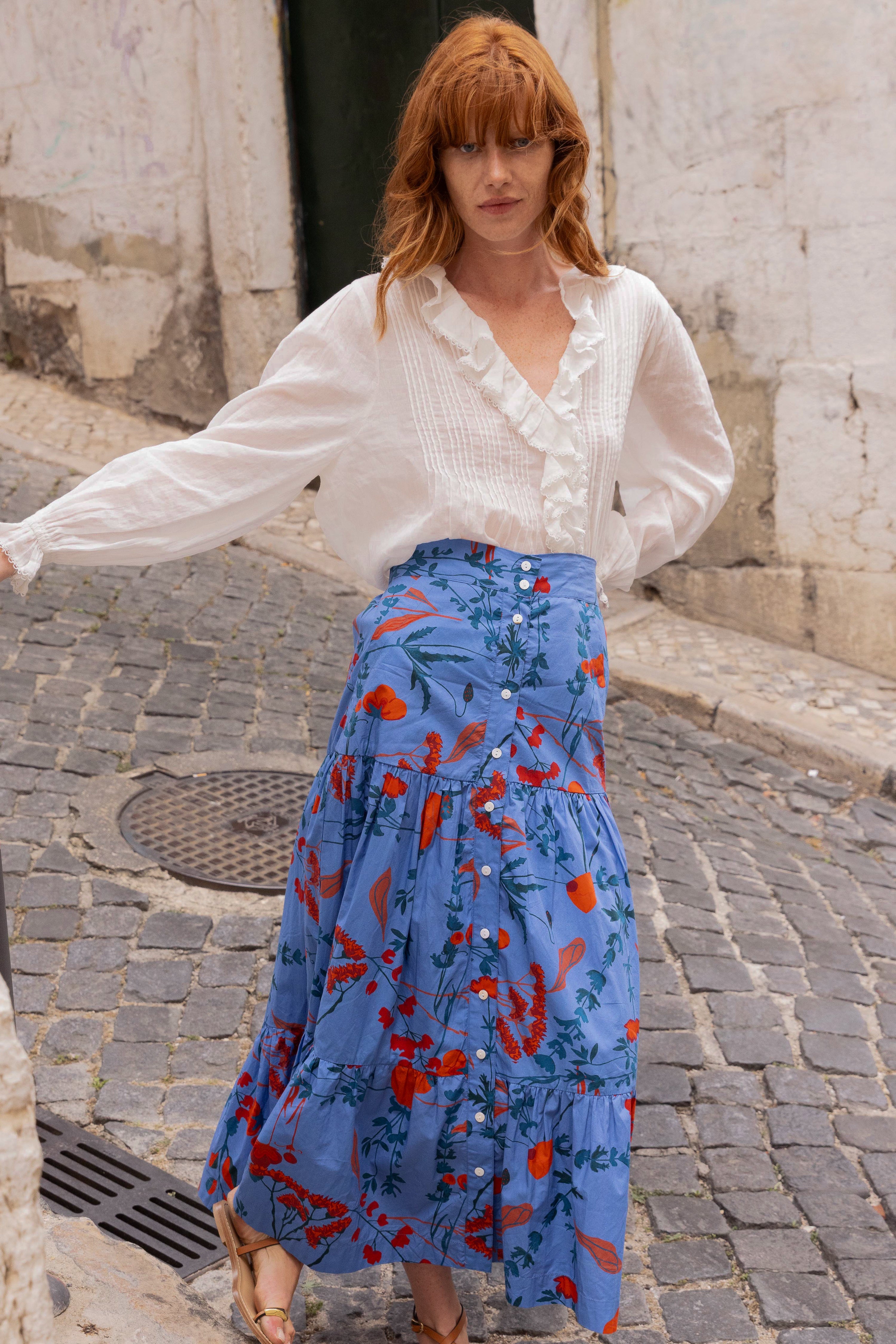 Button Front Skirt- Bartram Blue