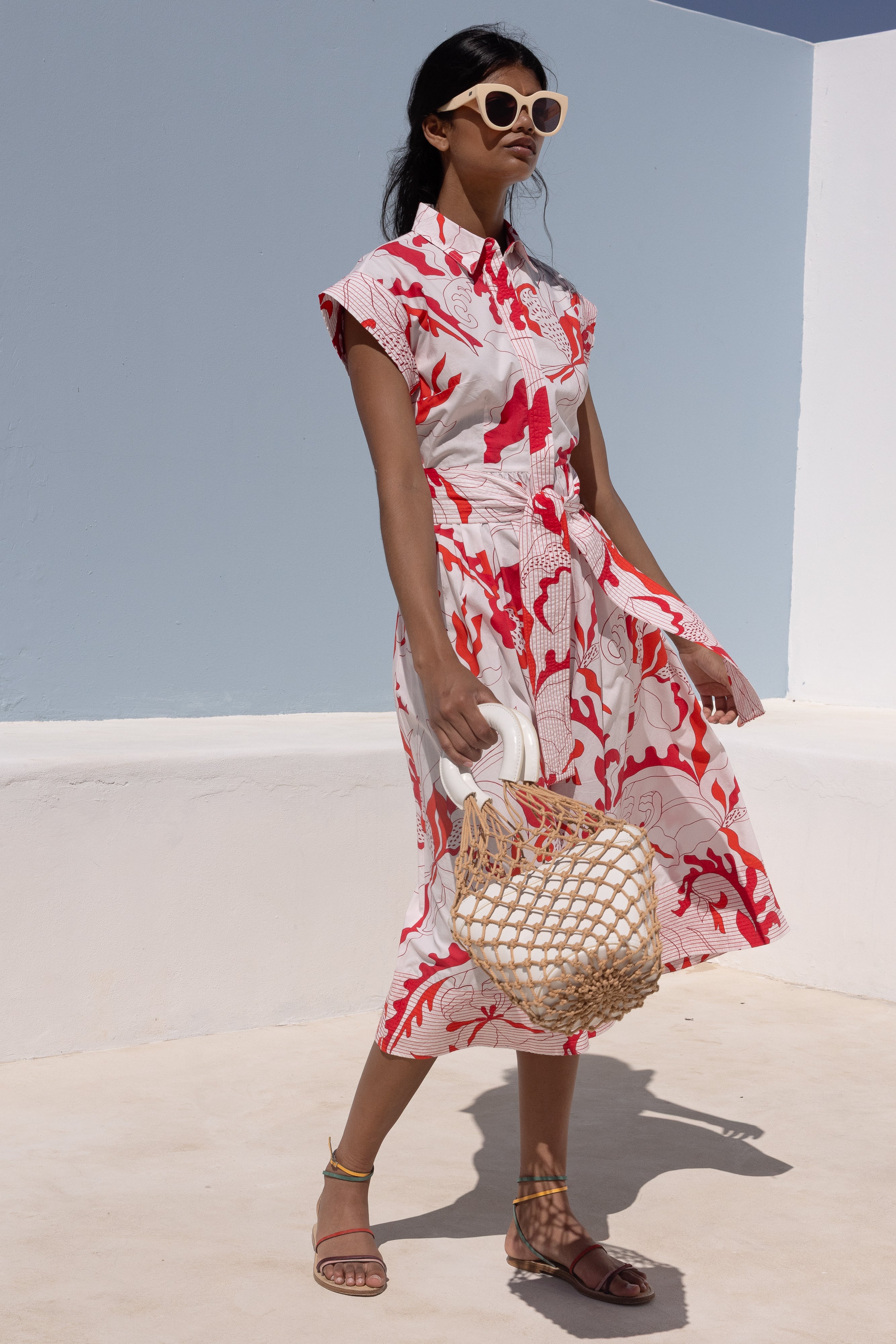Belted Shirt Dress- Orchid Red