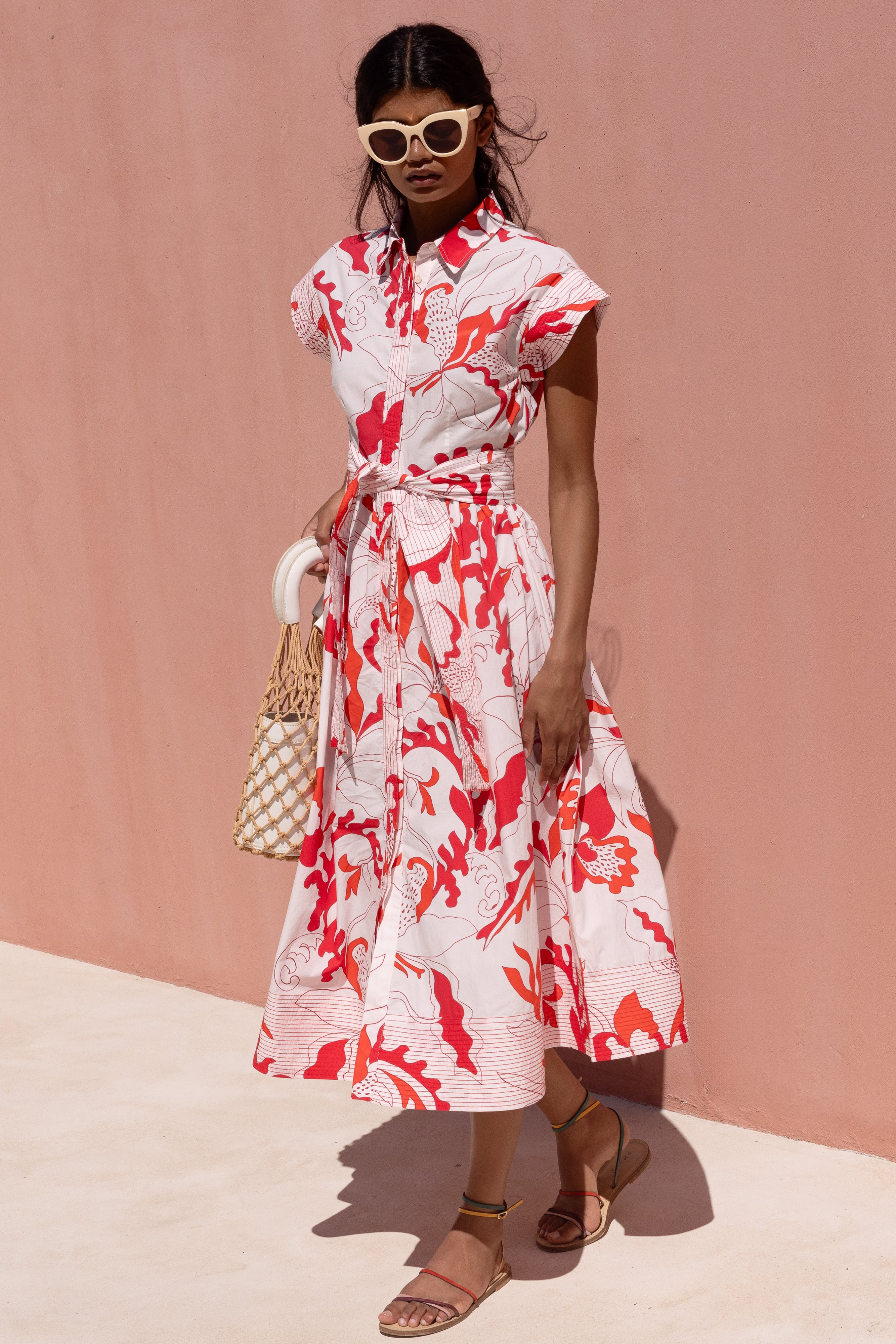 Belted Shirt Dress- Orchid Red