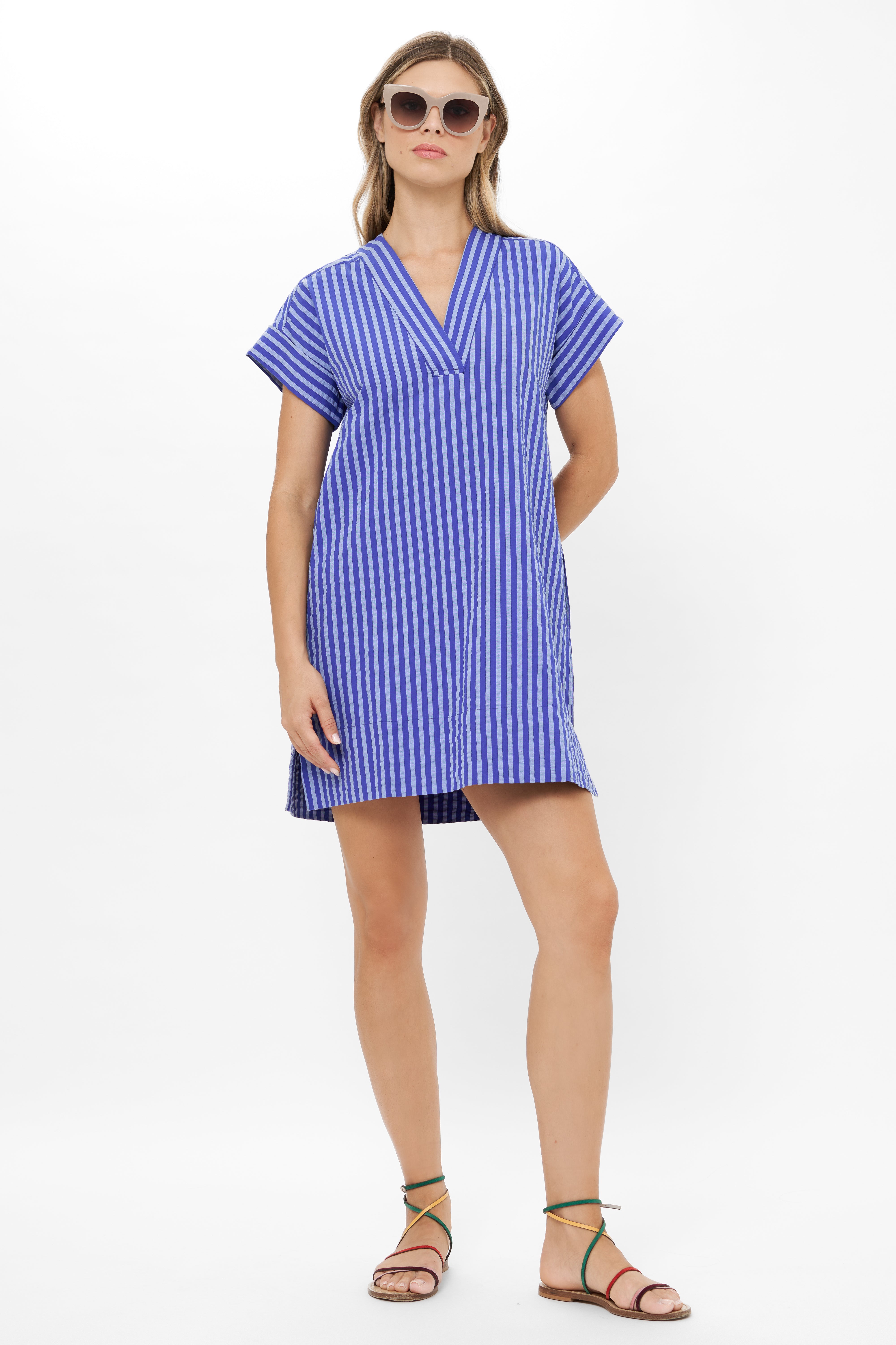 V-Neck Roll Sleeve Mini- Cabana Cobalt