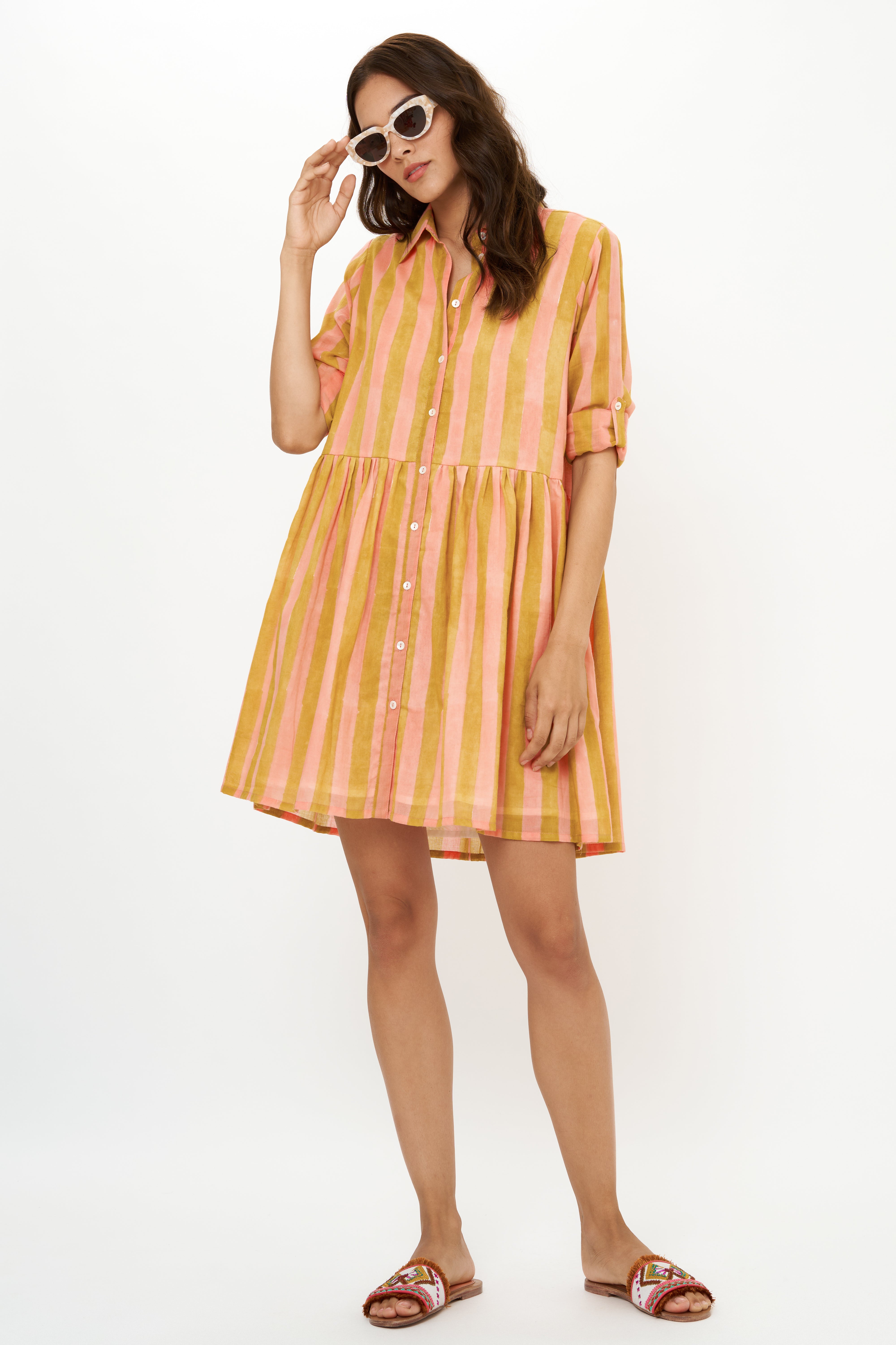 Long Sleeve Shirt Dress Mini- Cabana Coral