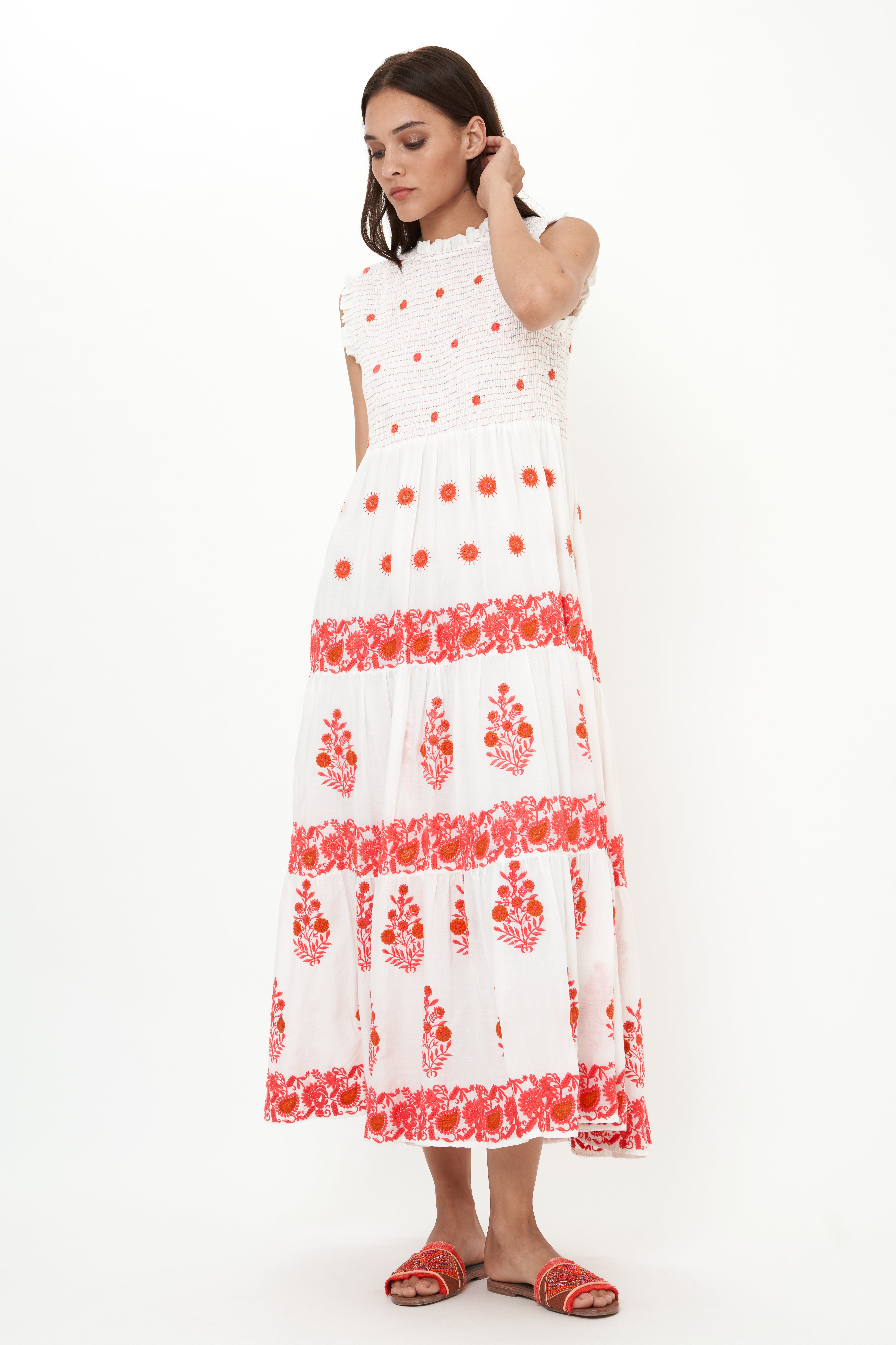 Sleeveless Smocked Maxi- Calistoga Coral