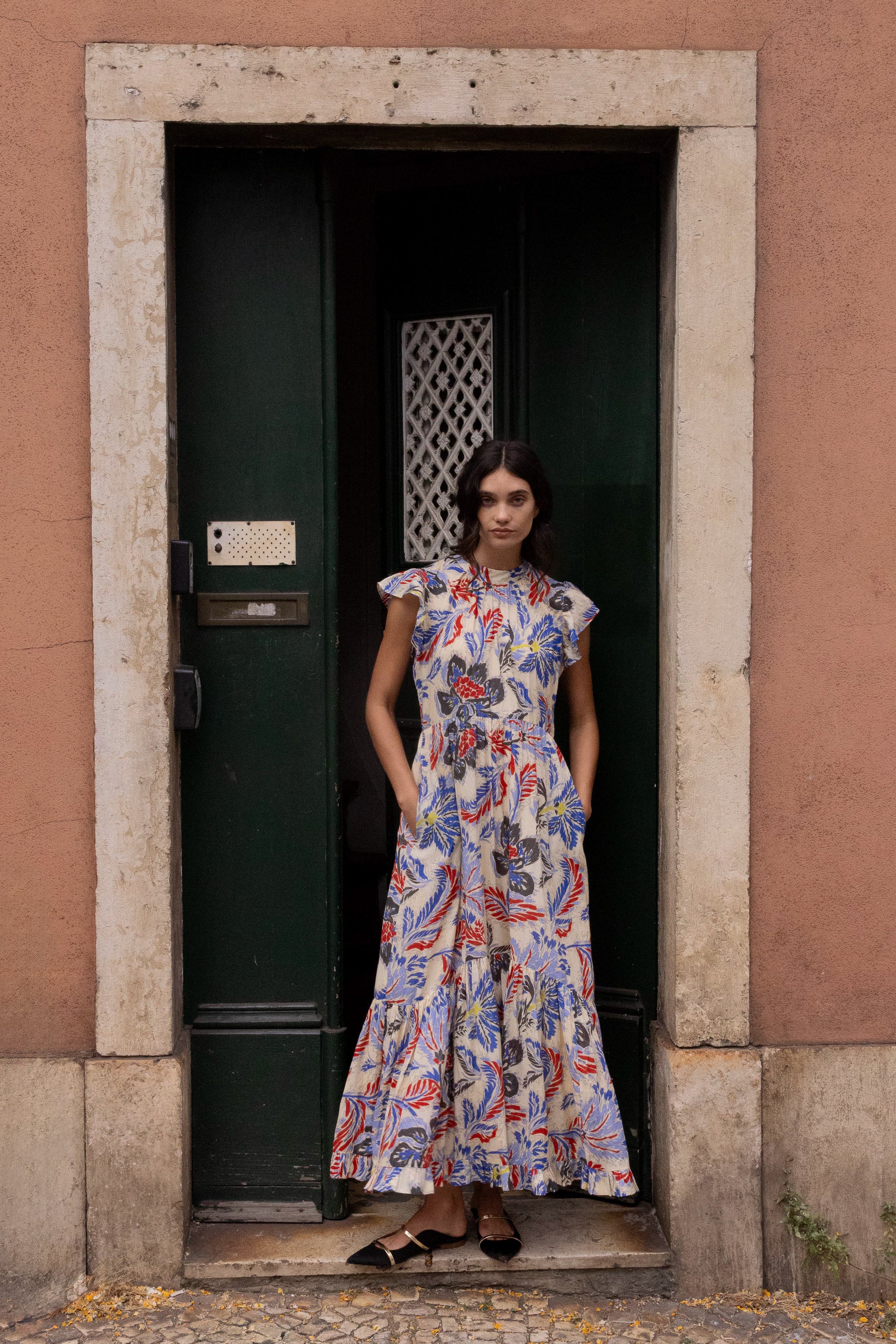 Mock Neck Flutter Maxi- Chennai Cobalt