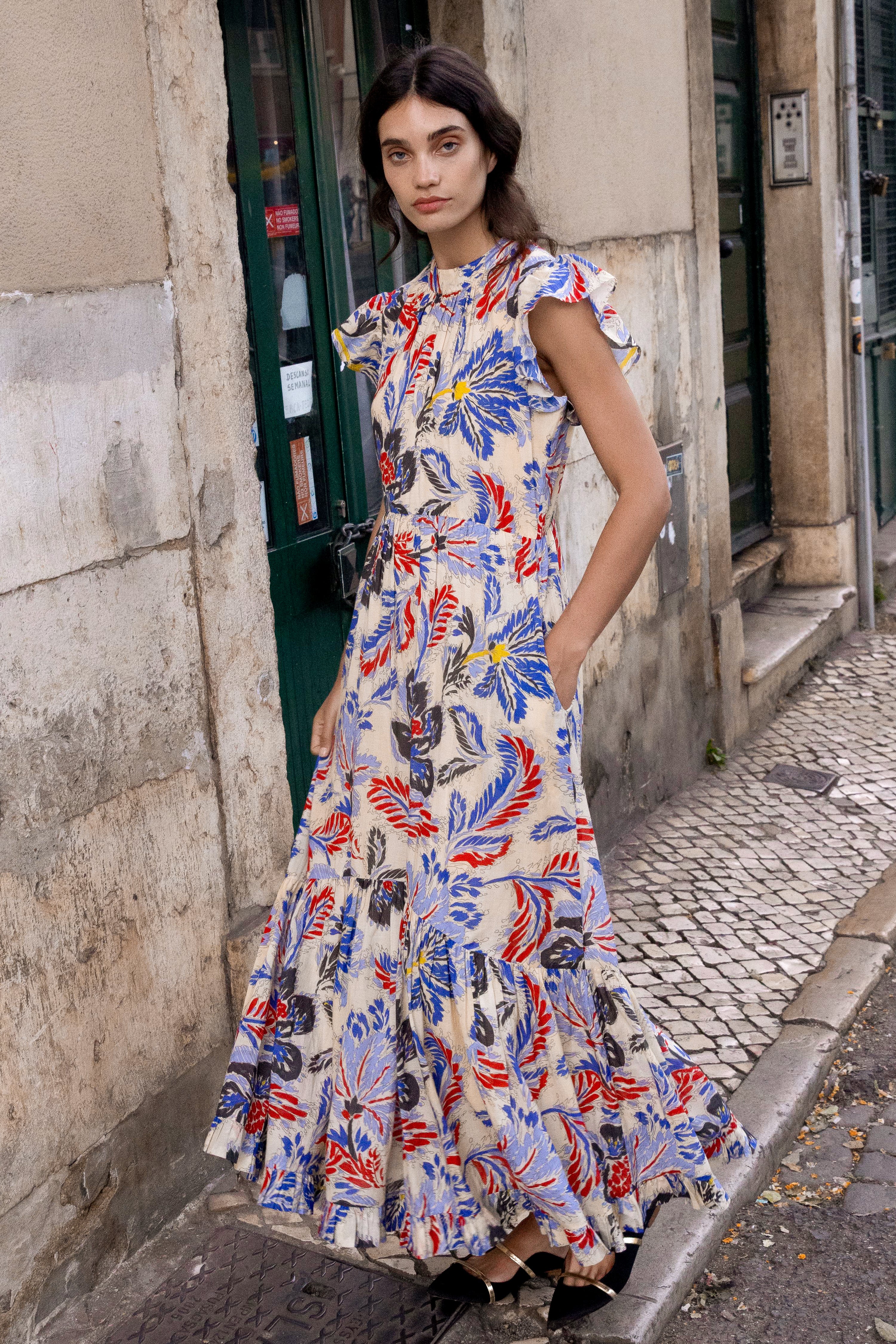 Mock Neck Flutter Maxi- Chennai Cobalt