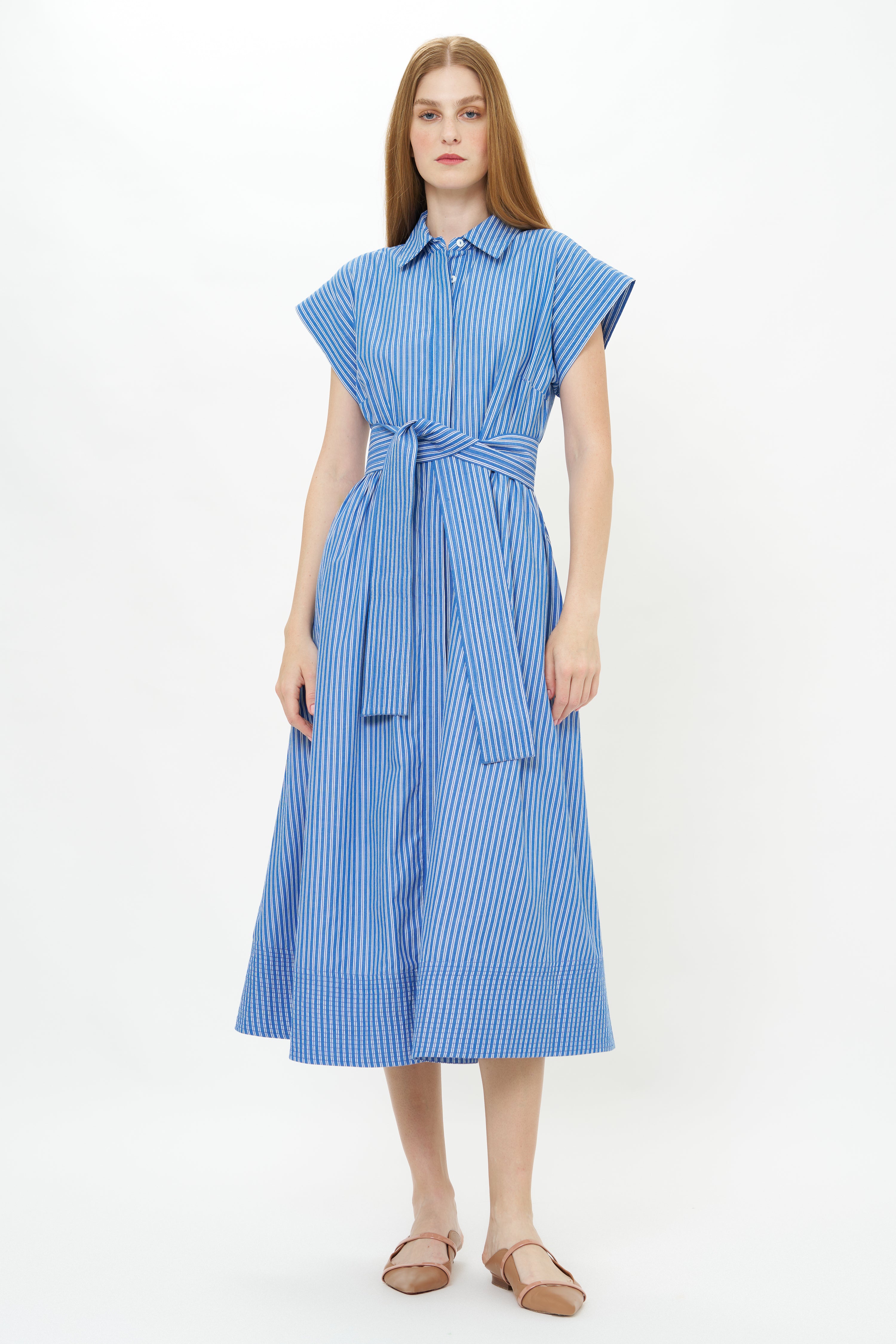 Belted Shirt Dress- Devon Blue