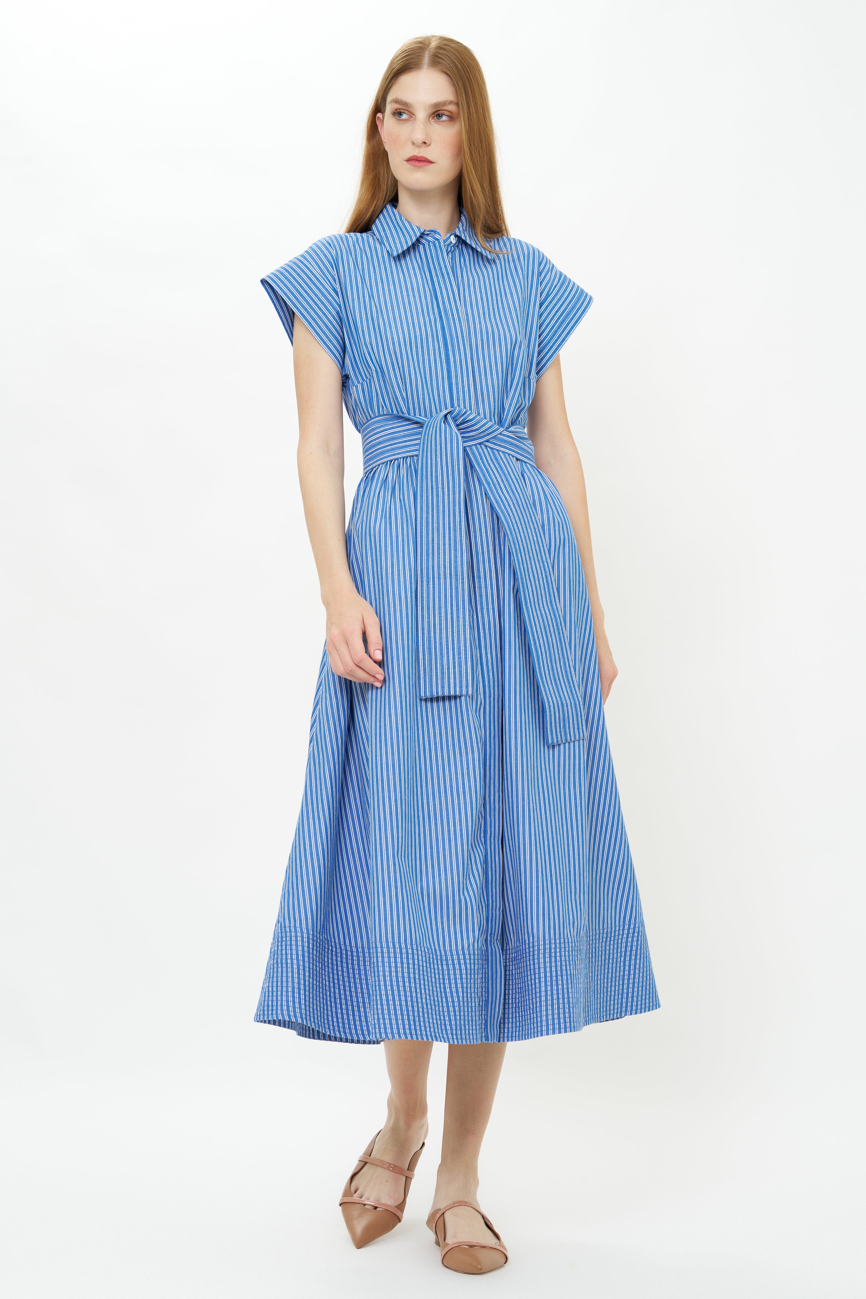 Belted Shirt Dress- Devon Blue