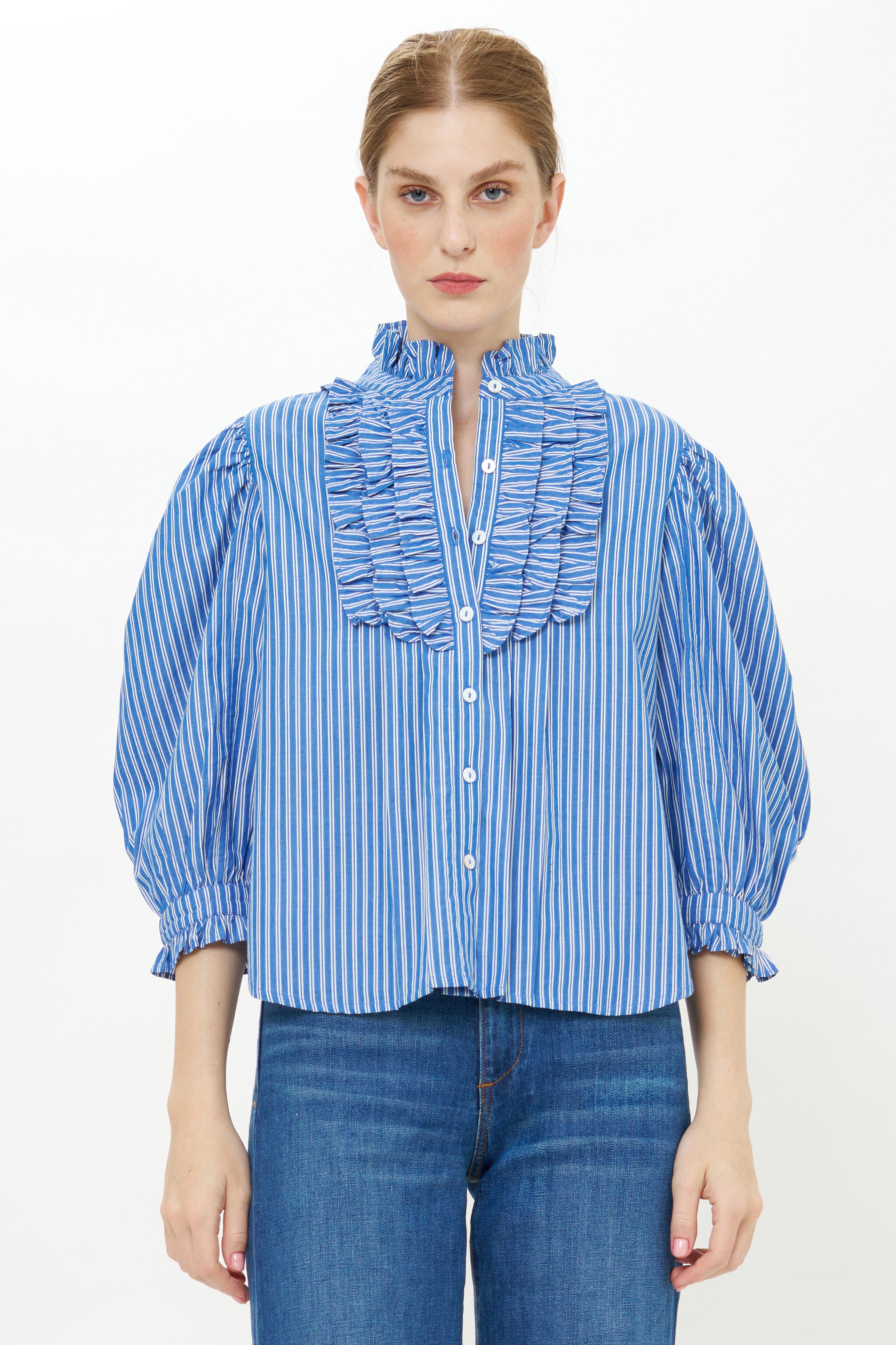 Ruffle Front Button Blouse- Devon Blue