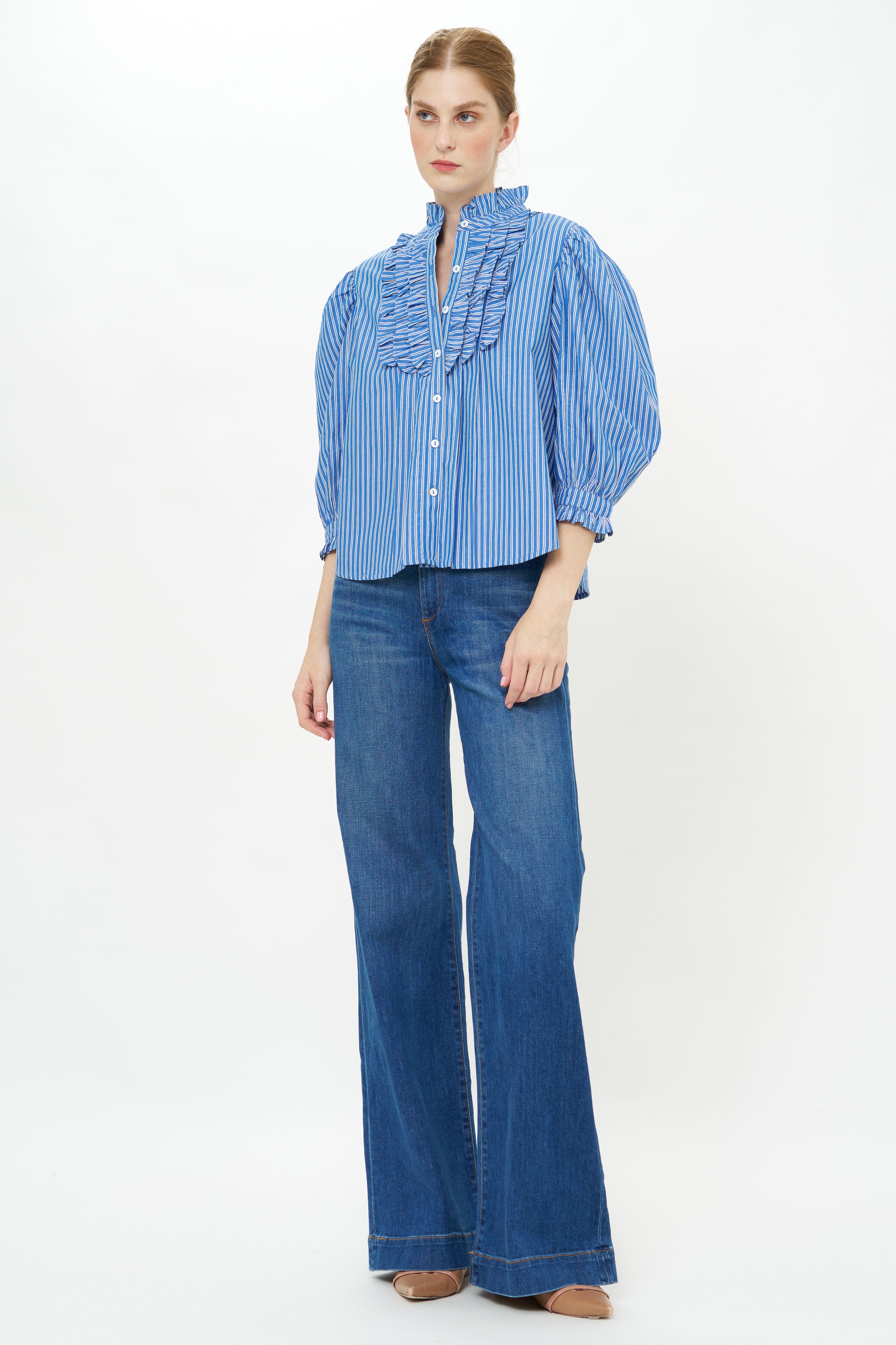 Ruffle Front Button Blouse- Devon Blue