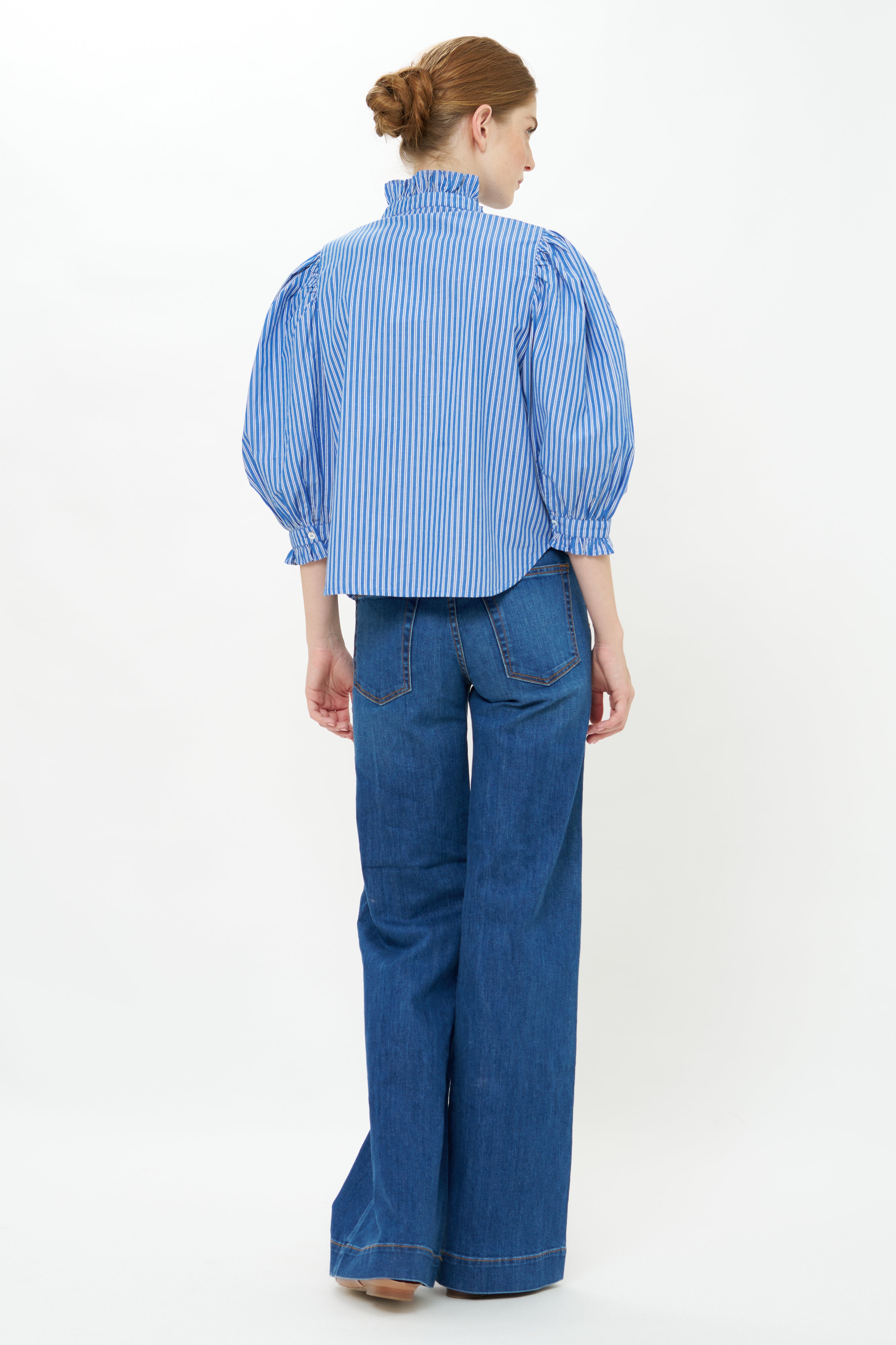 Ruffle Front Button Blouse- Devon Blue