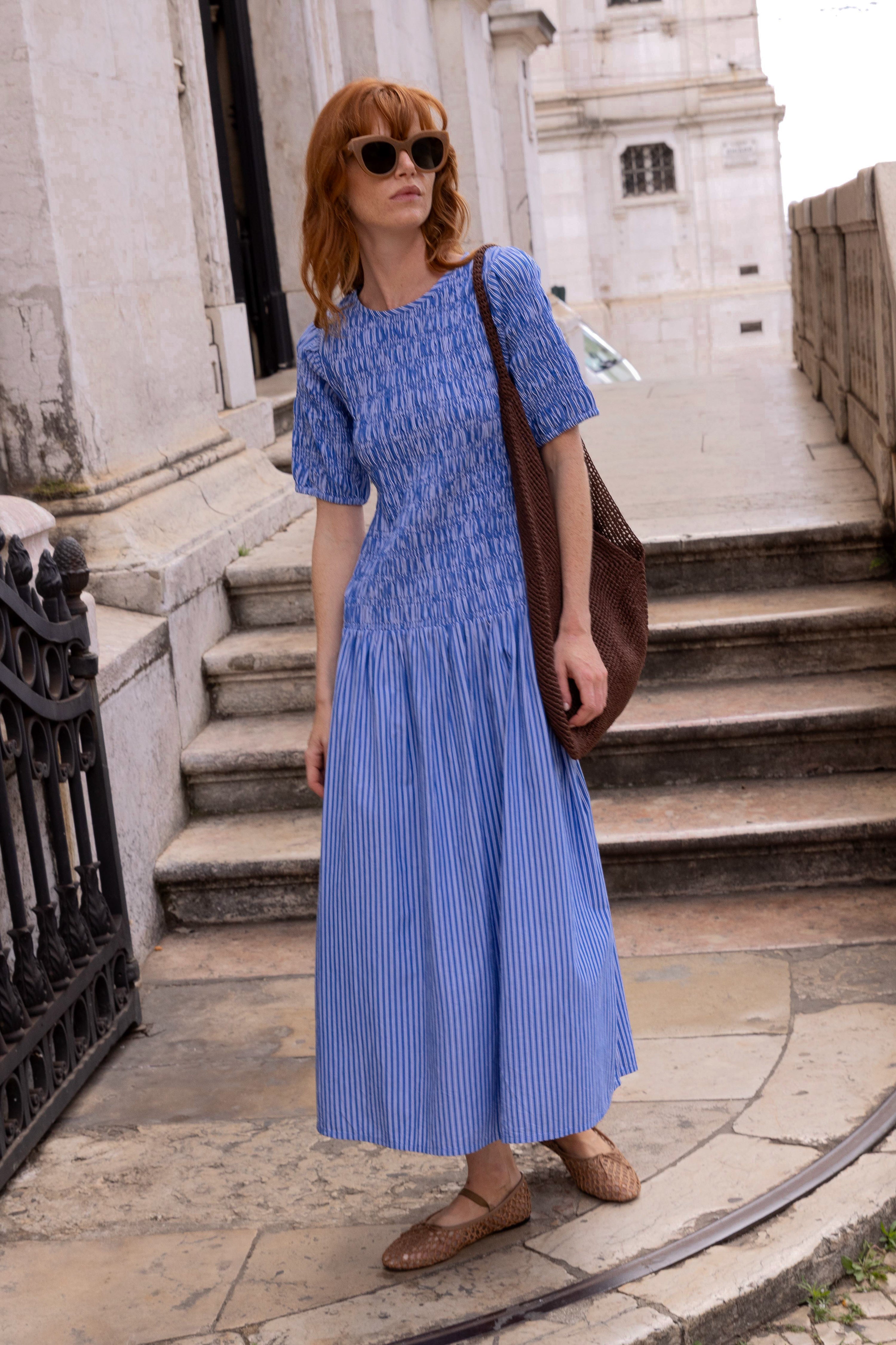 Smocked Drop Waist Maxi- Devon Blue