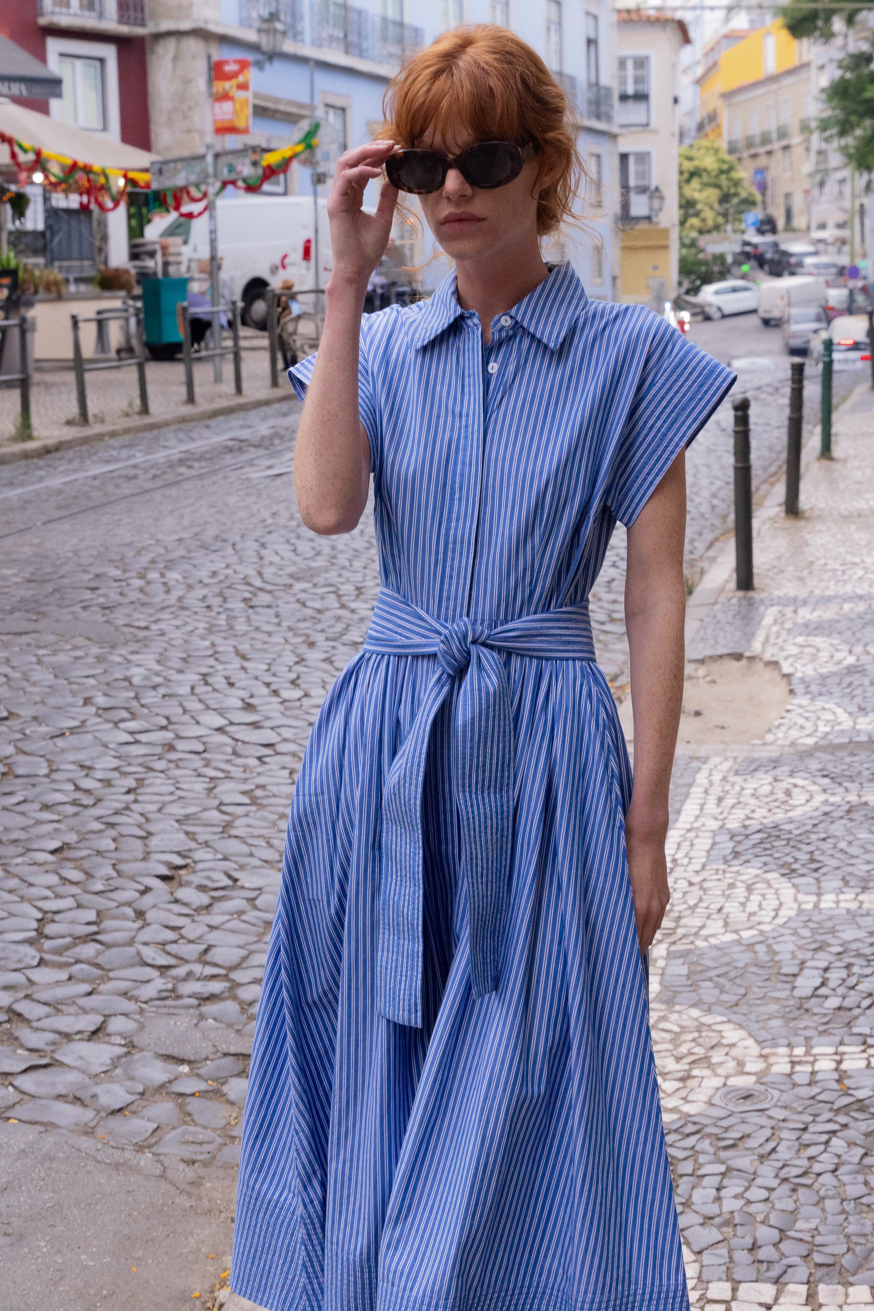 Belted Shirt Dress- Devon Blue