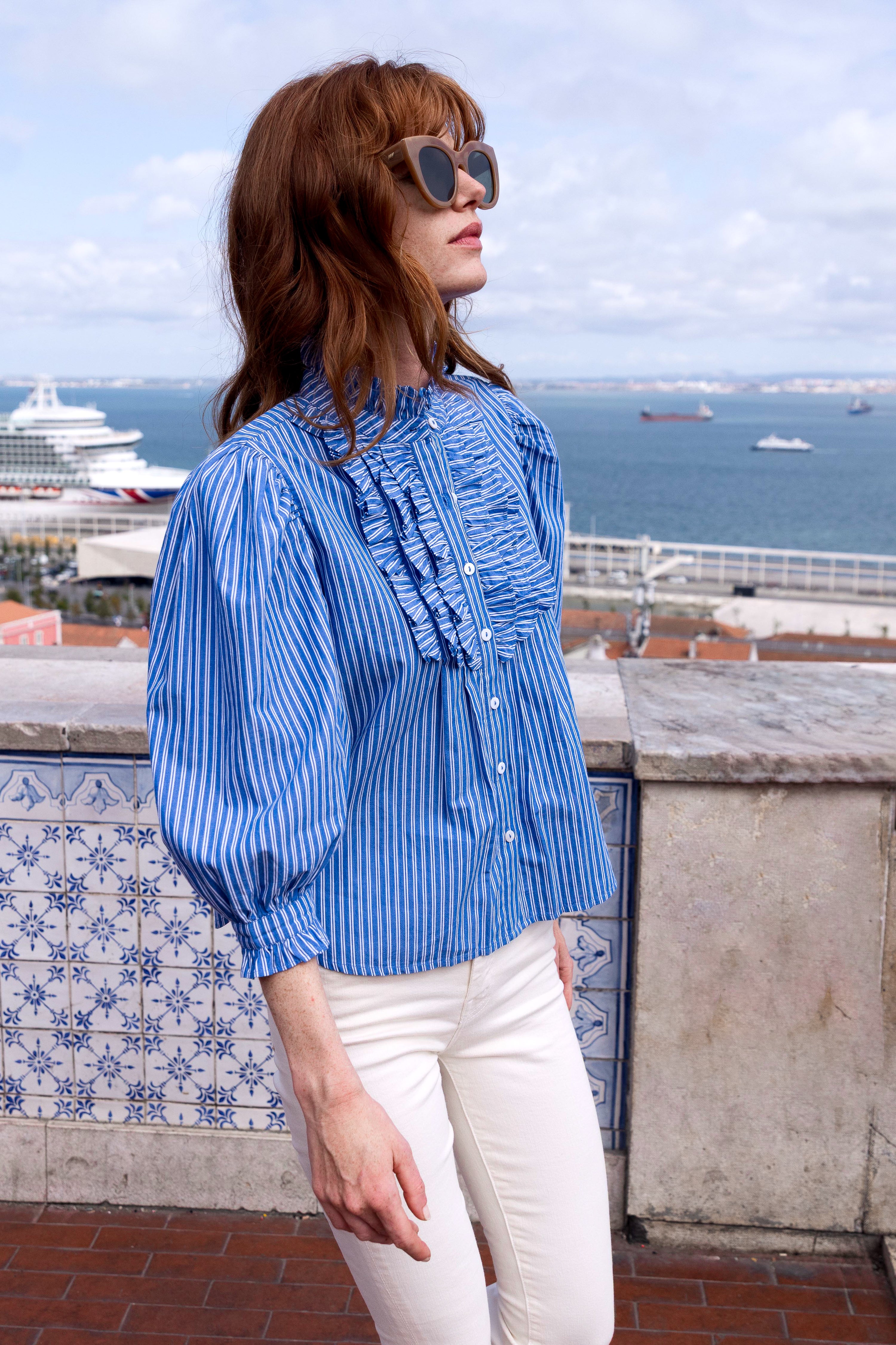 Ruffle Front Button Blouse- Devon Blue