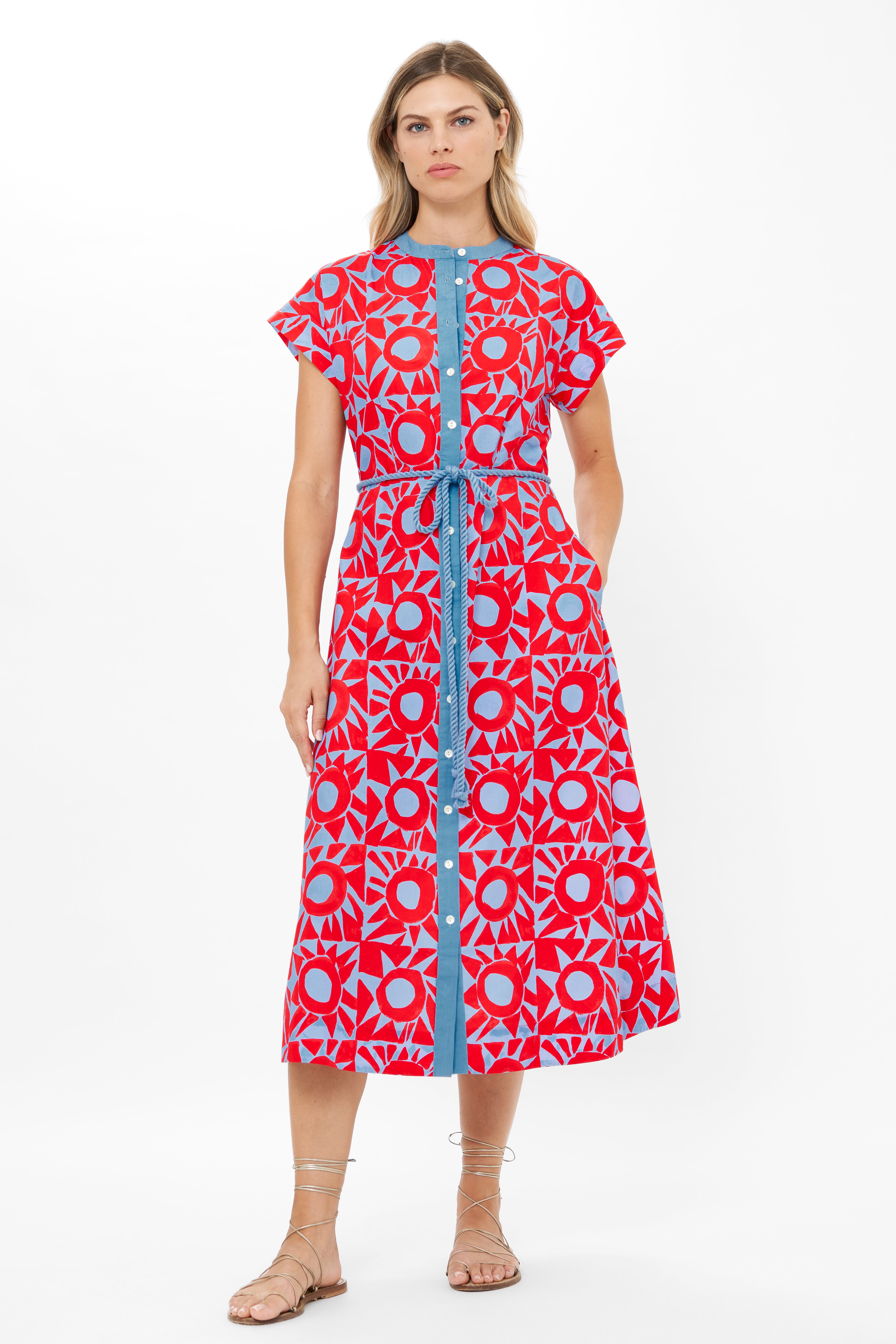 Cap Sleeve Shirt Dress Midi- Eclipse Red