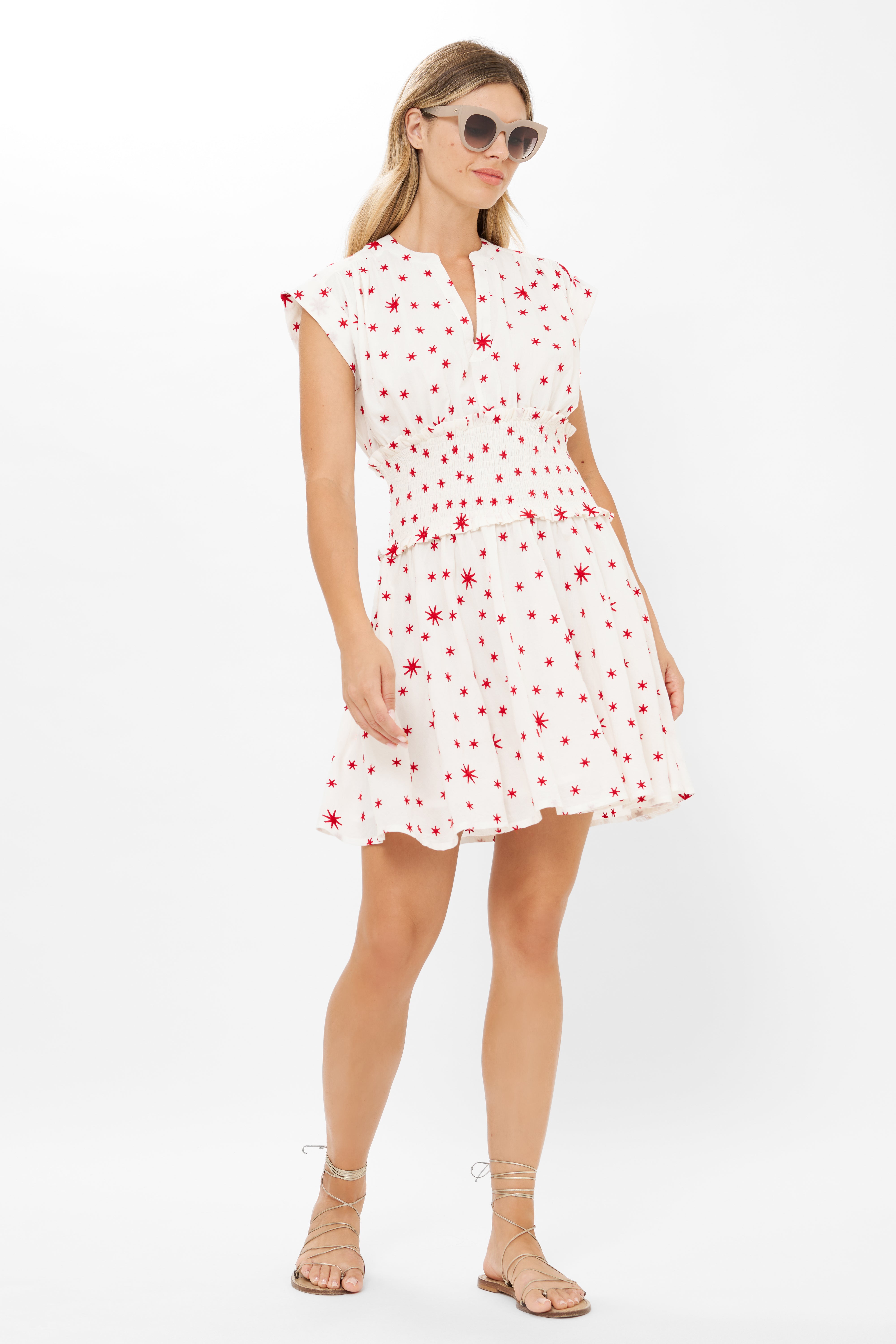 Smocked Waist Roll Sleeve- Ellsworth Red