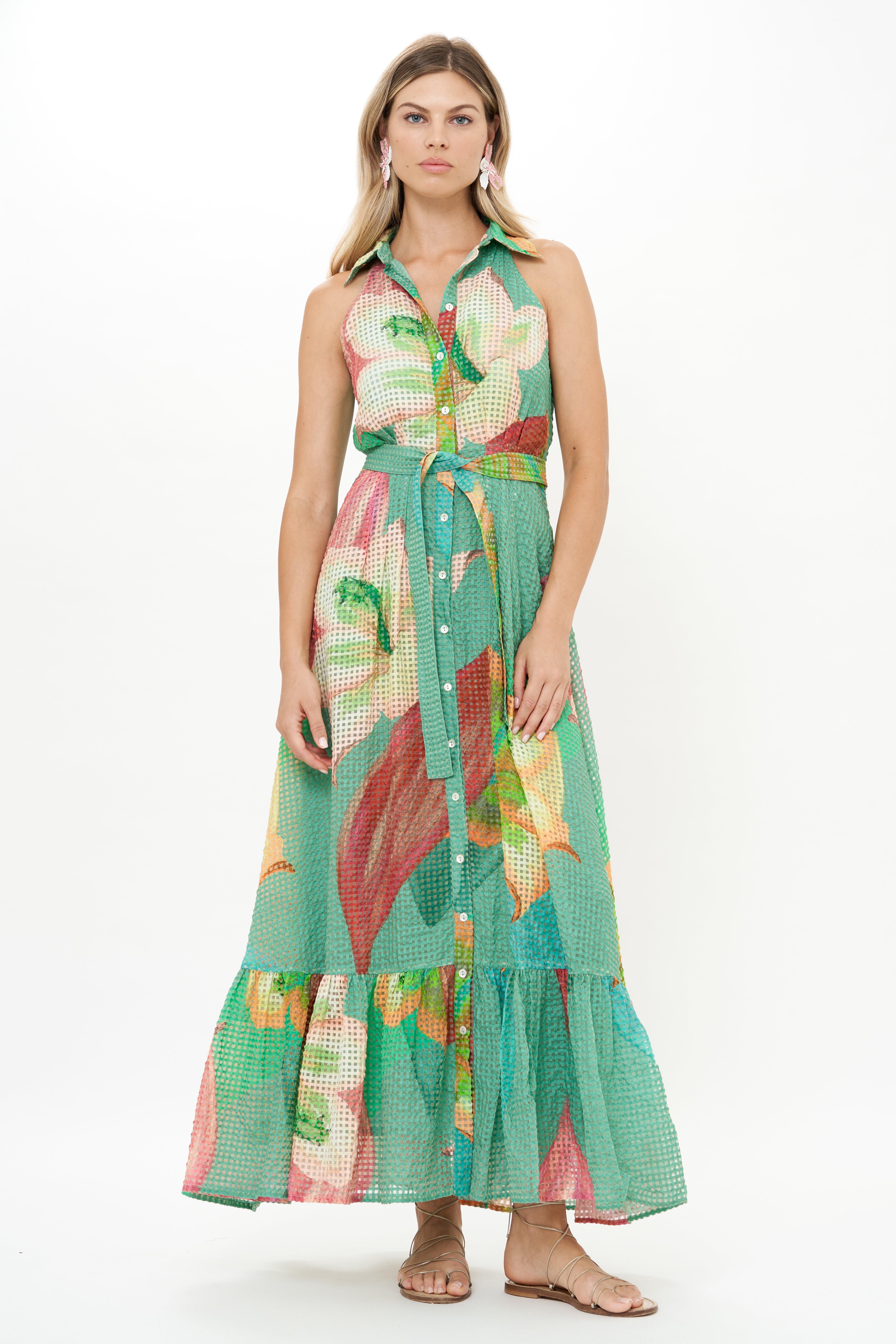 Sleeveless Shirt Dress Maxi- Hibiscus Sage