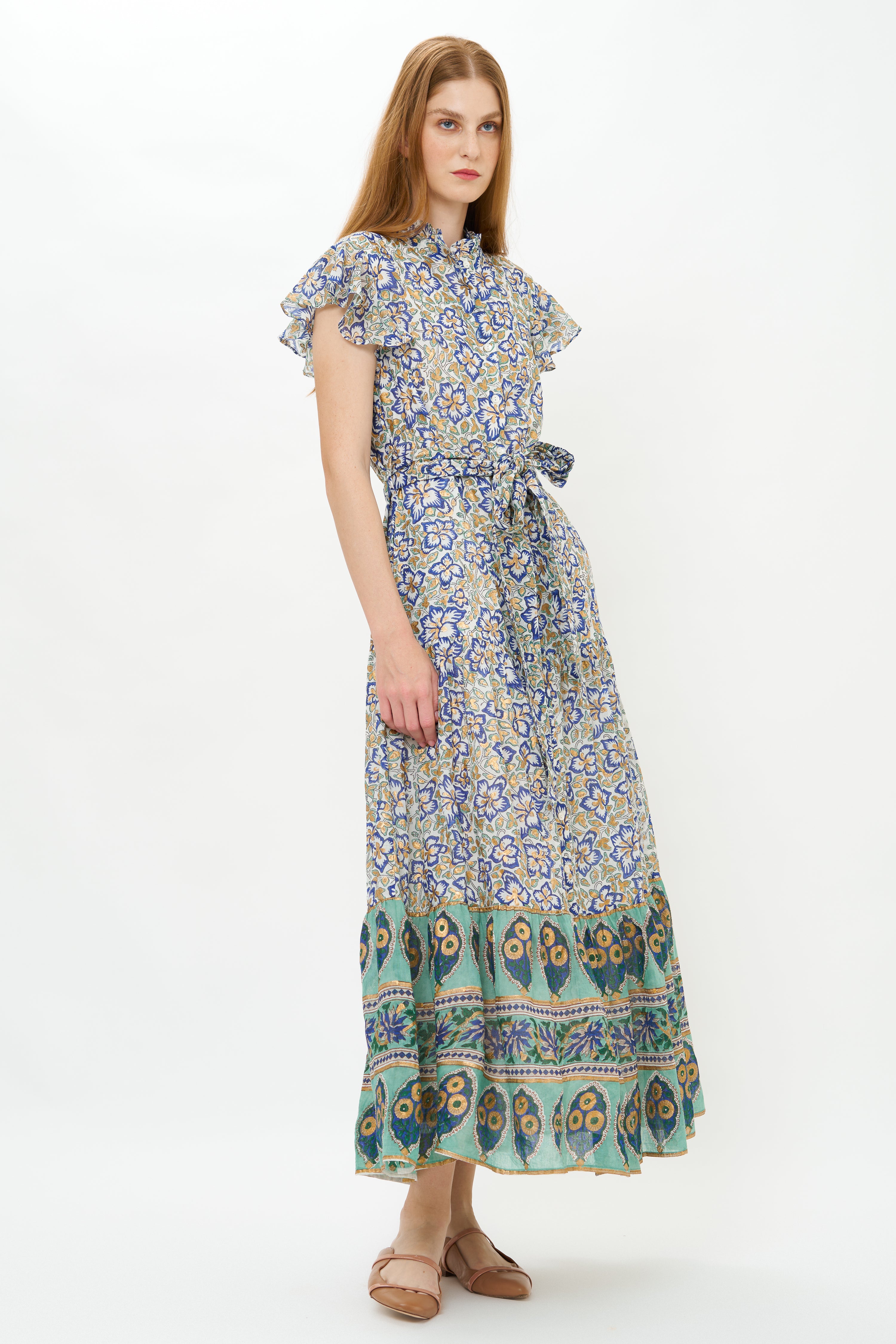 Ruffle Collar Button Maxi- Ivy Cobalt