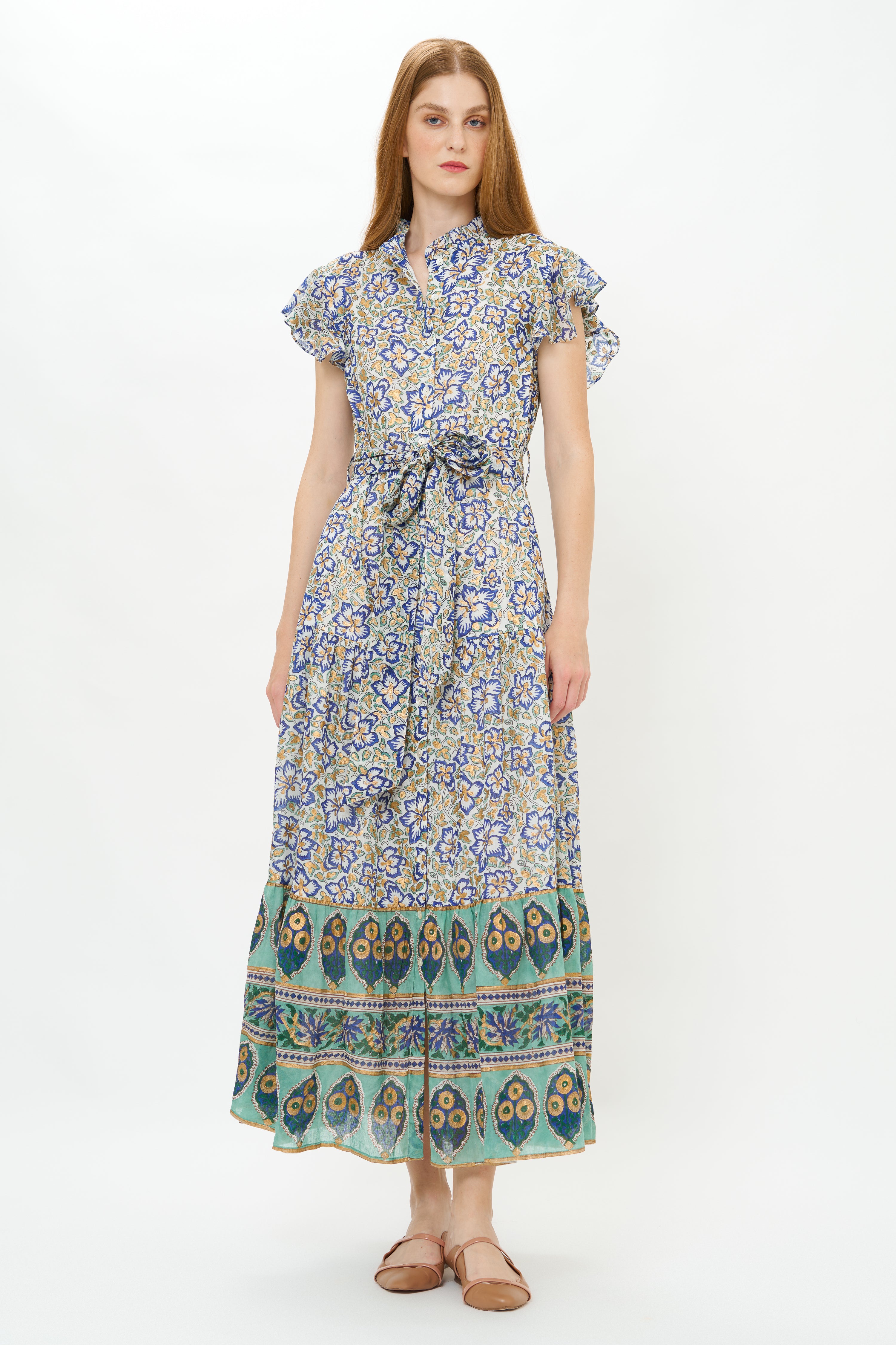 Ruffle Collar Button Maxi- Ivy Cobalt