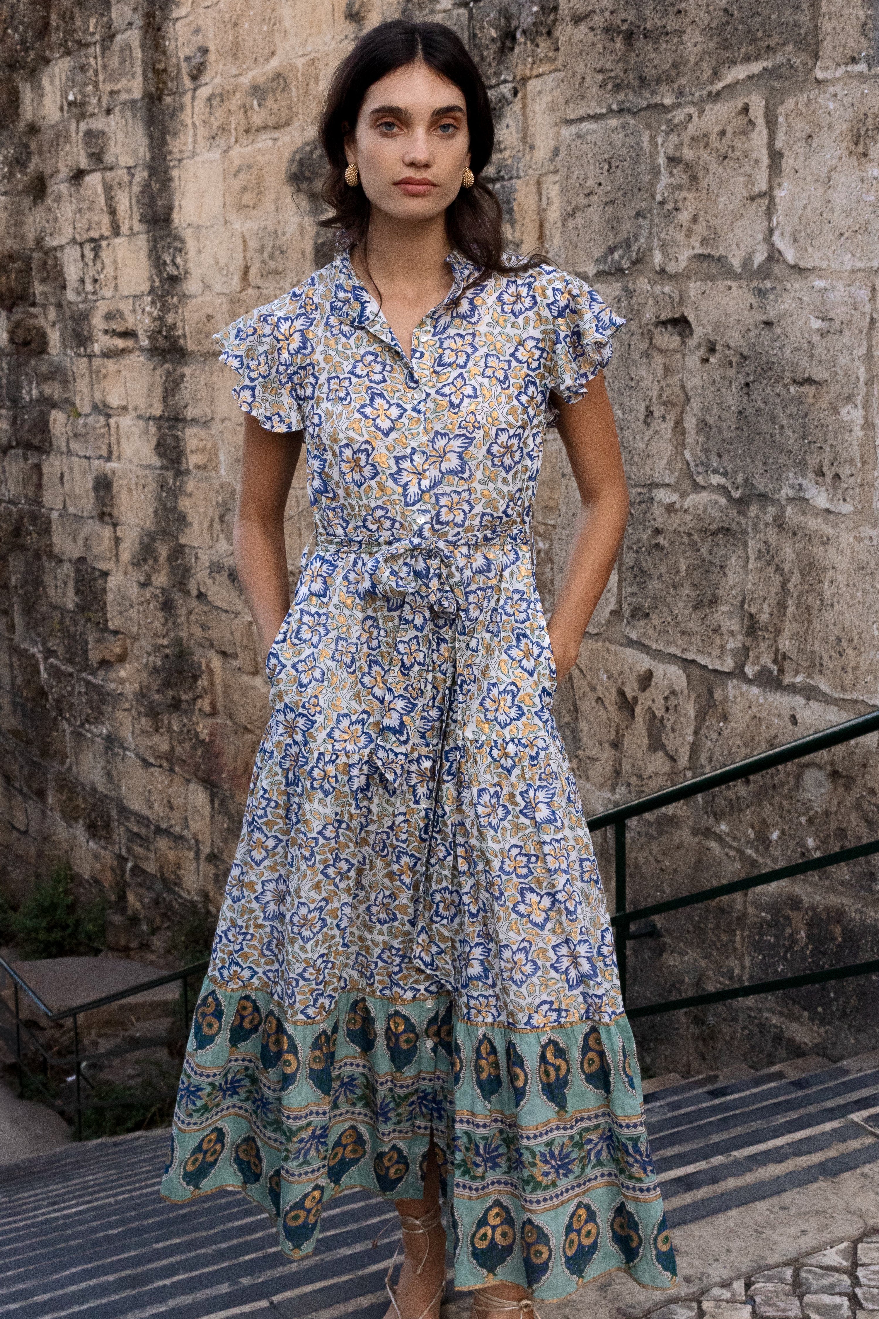 Ruffle Collar Button Maxi- Ivy Cobalt