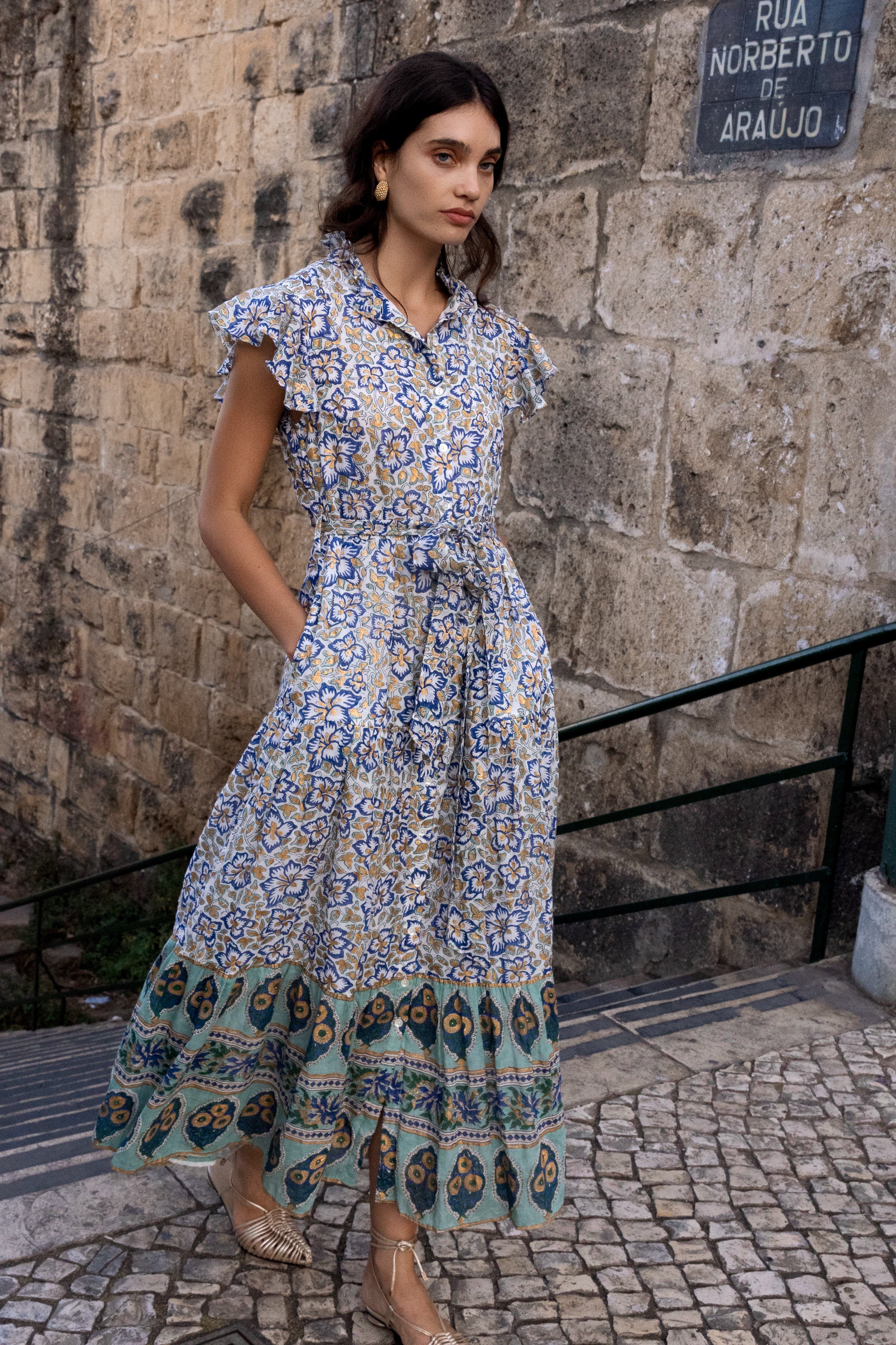 Ruffle Collar Button Maxi- Ivy Cobalt