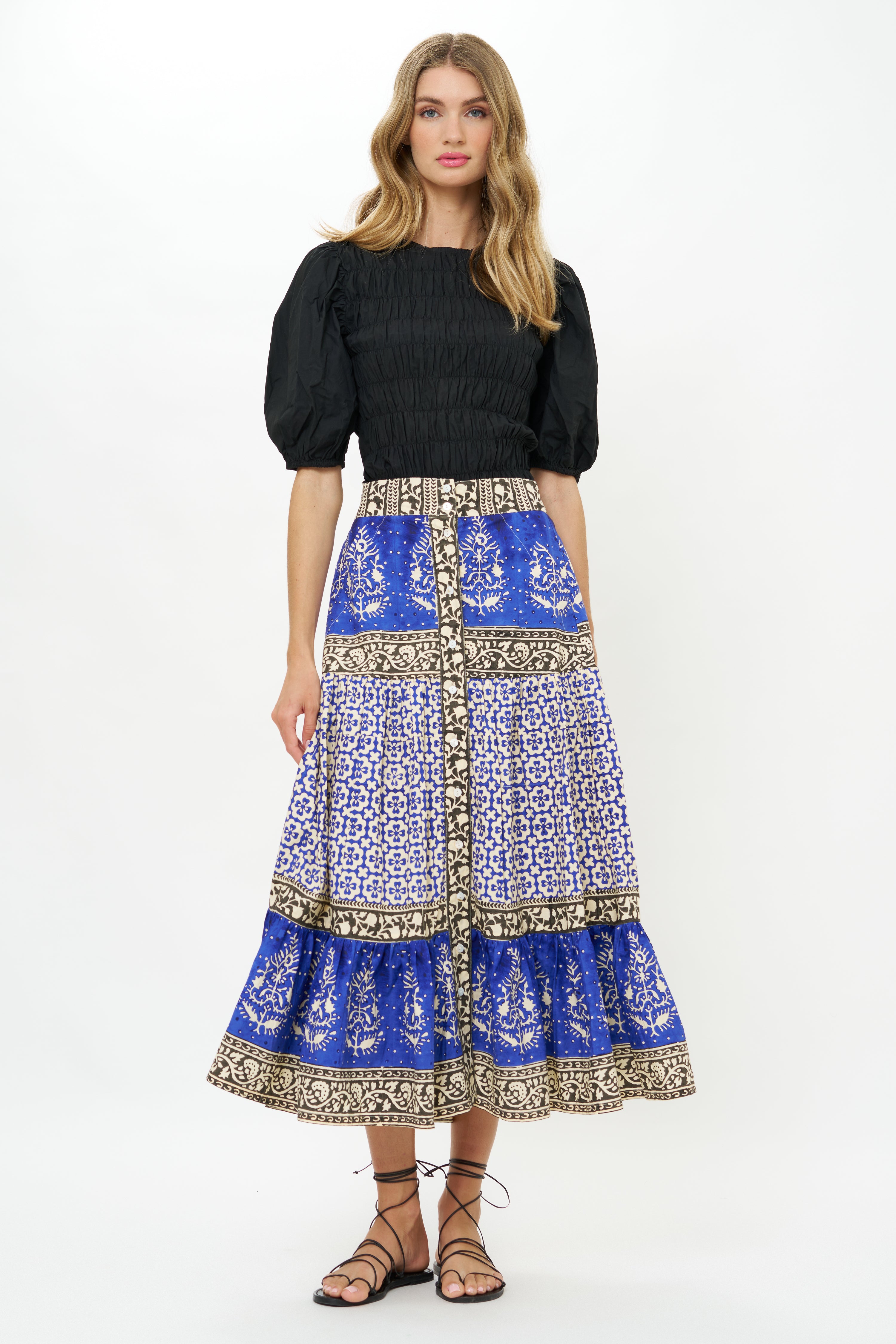 Button Front Skirt- Jaisalmer Cobalt