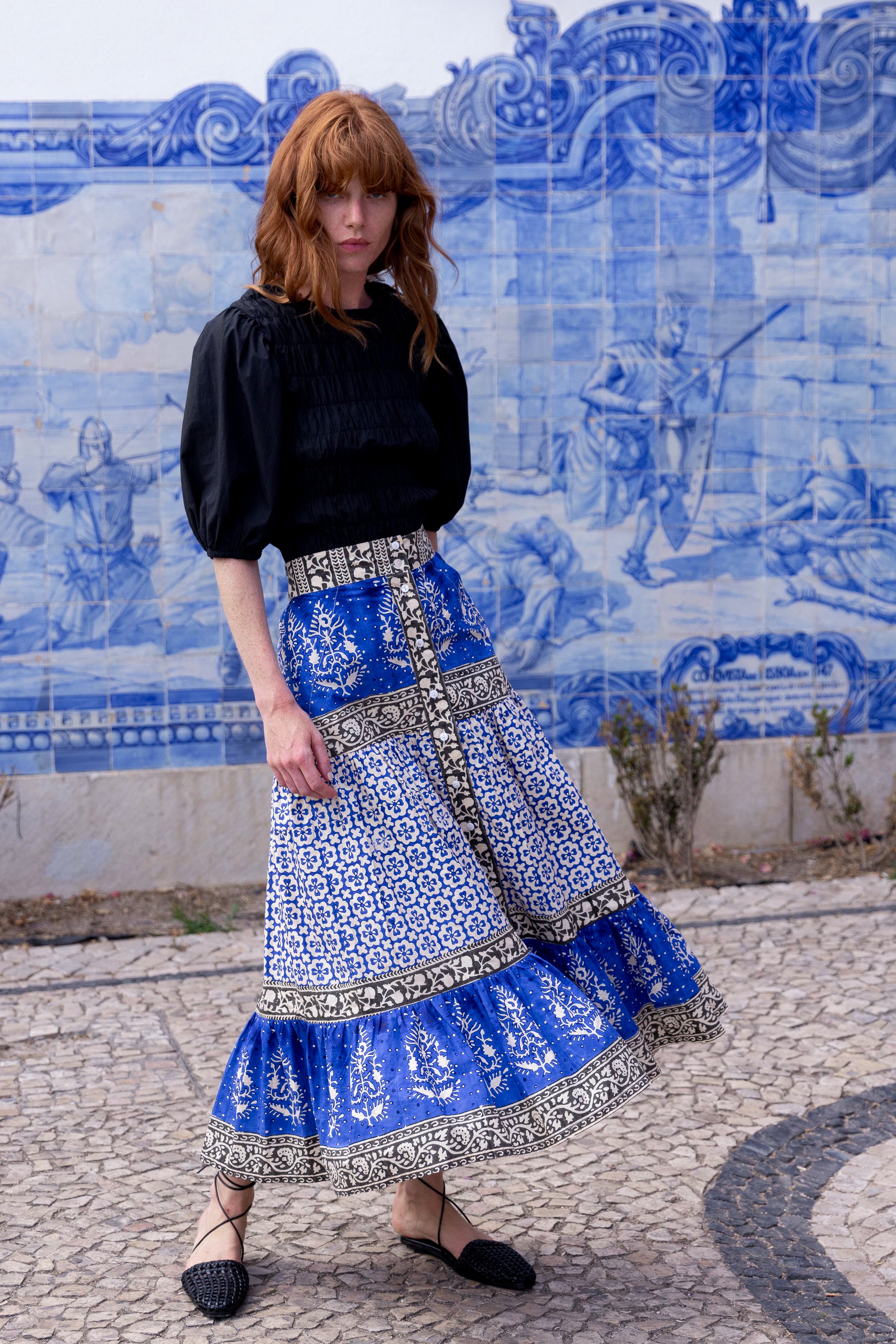 Button Front Skirt- Jaisalmer Cobalt