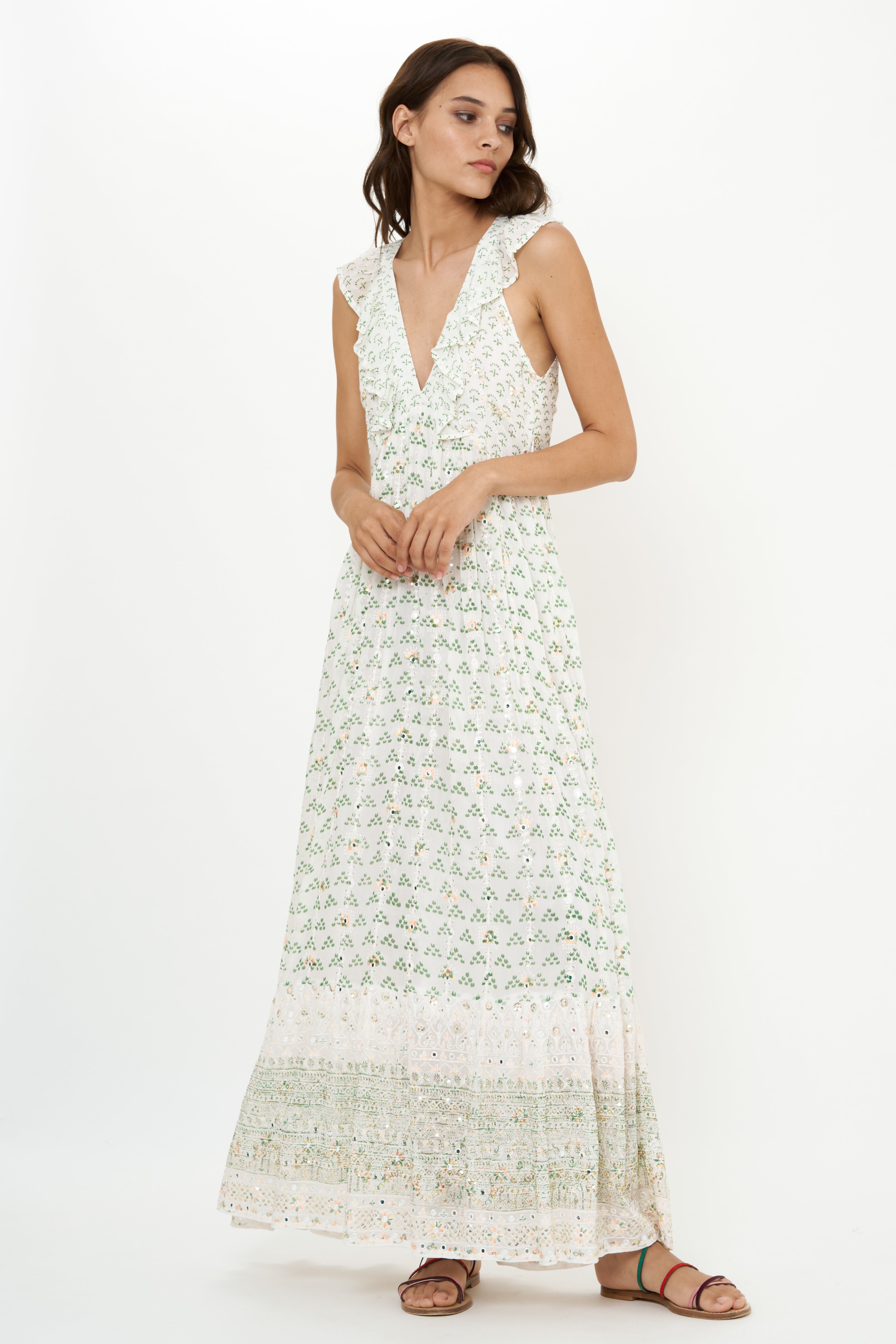 Ruffle V-Neck Maxi- Juniper Olive