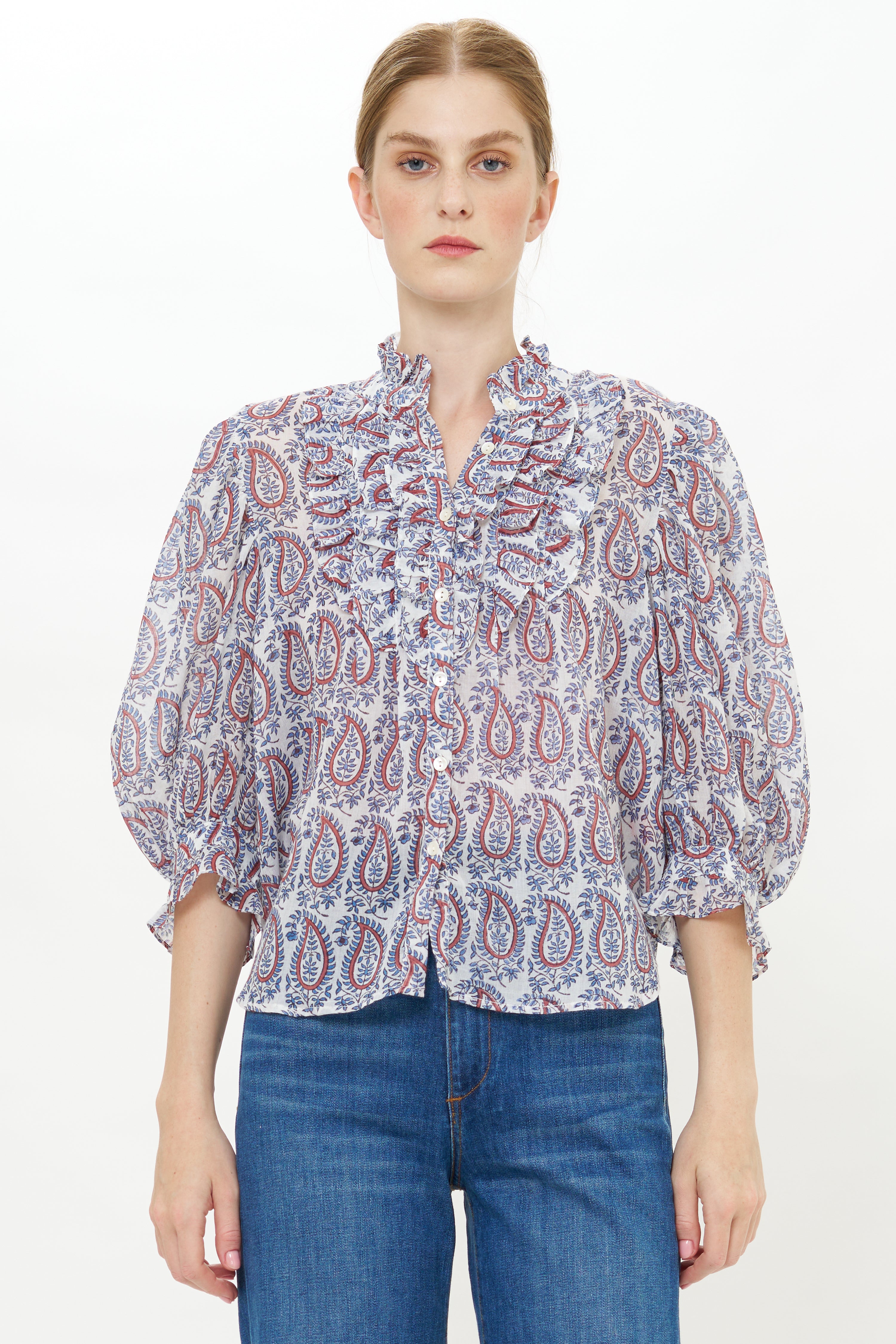 Ruffle Front Button Blouse- Kochi Blue