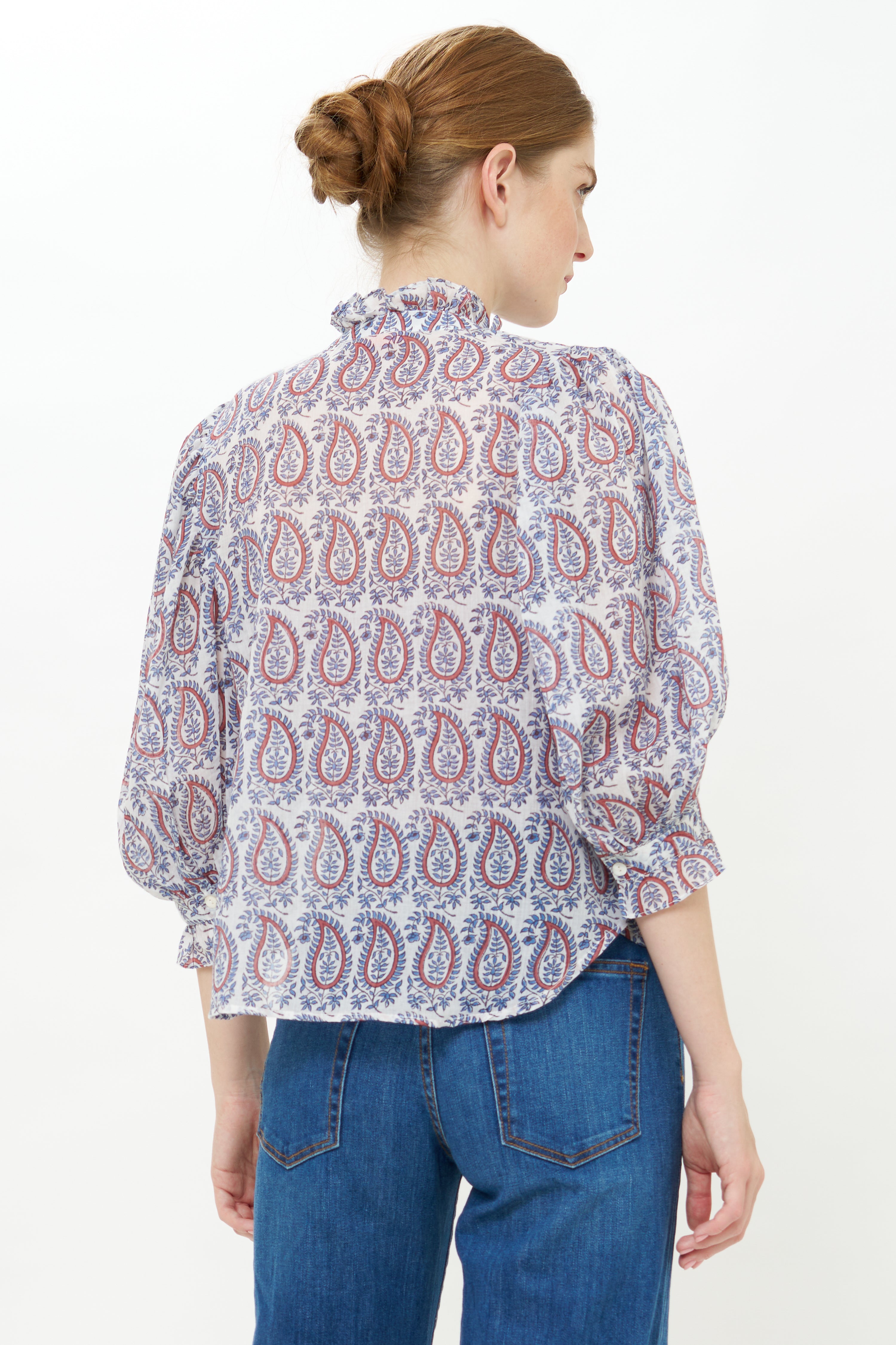 Ruffle Front Button Blouse- Kochi Blue