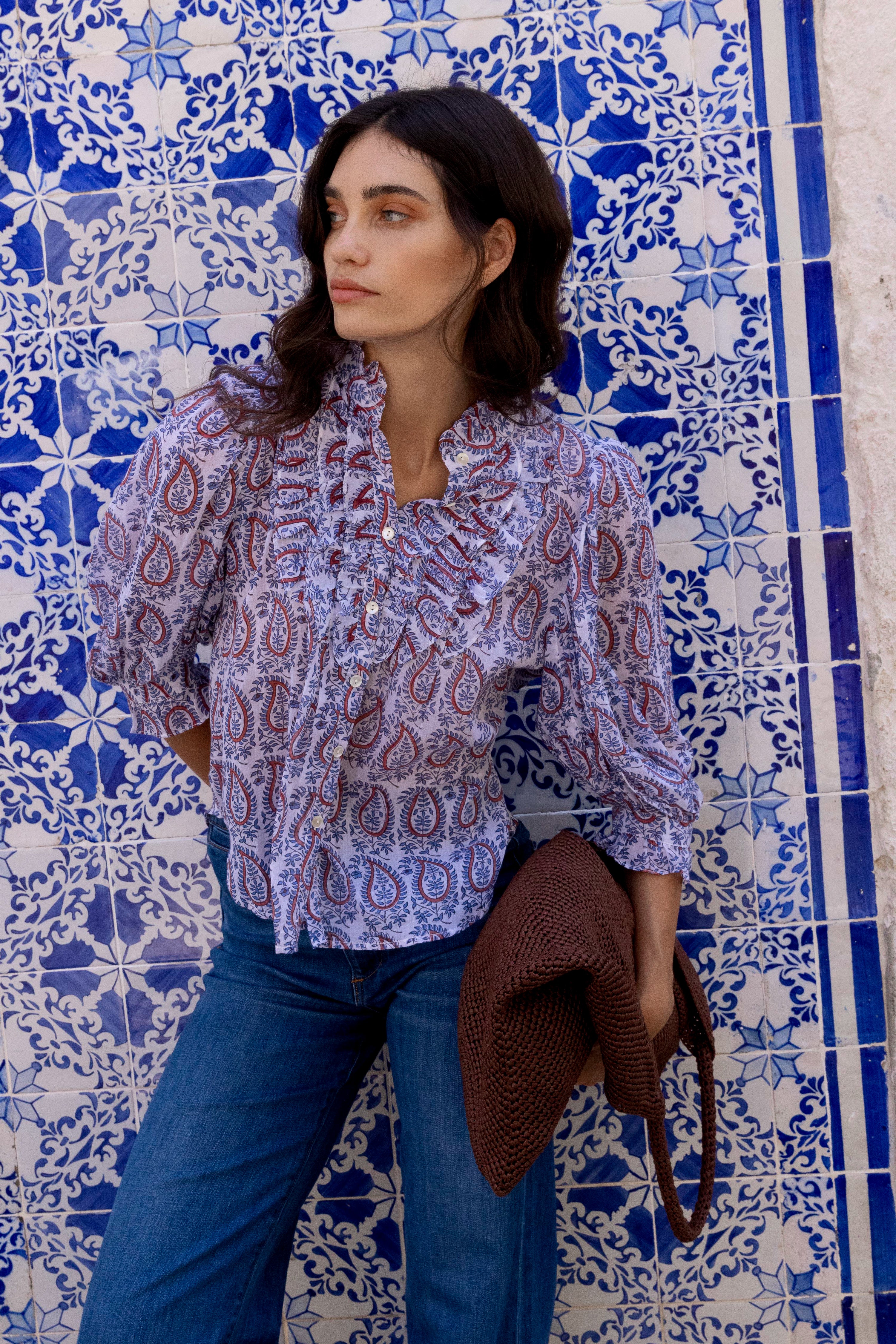 Ruffle Front Button Blouse- Kochi Blue
