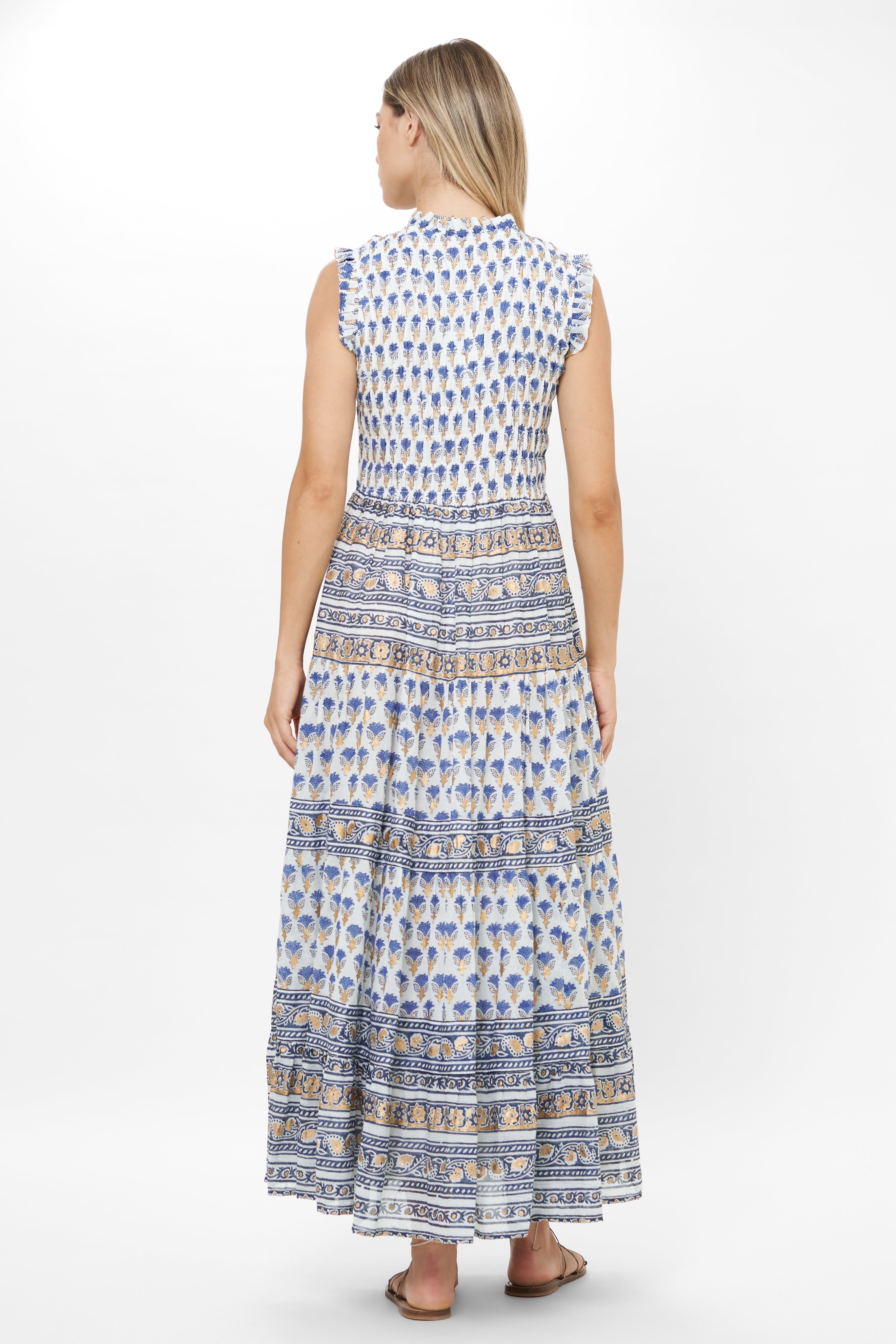 Sleeveless Smocked Maxi- Lotus Navy