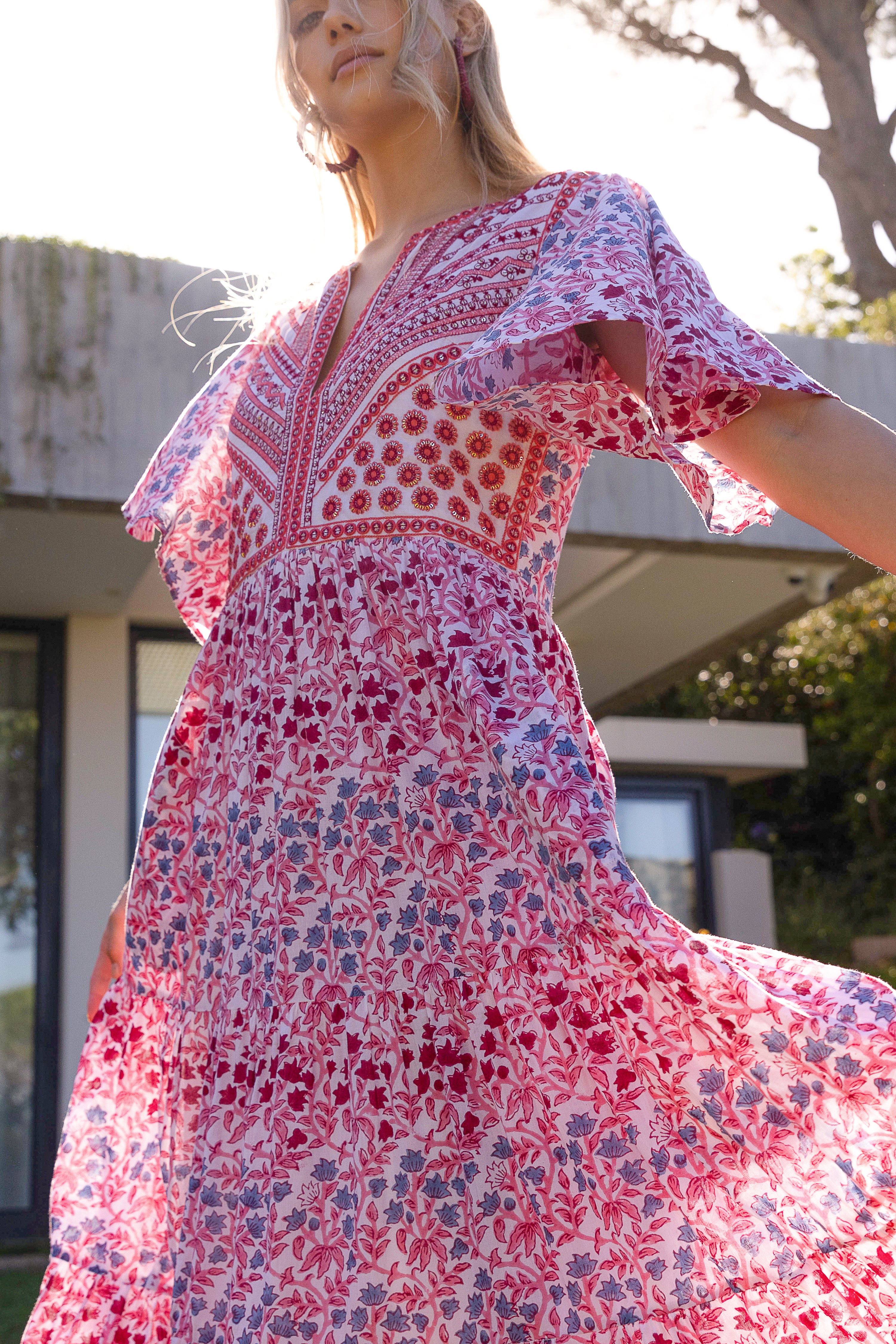 Flirty V-Neck Maxi- Mendoza Coral