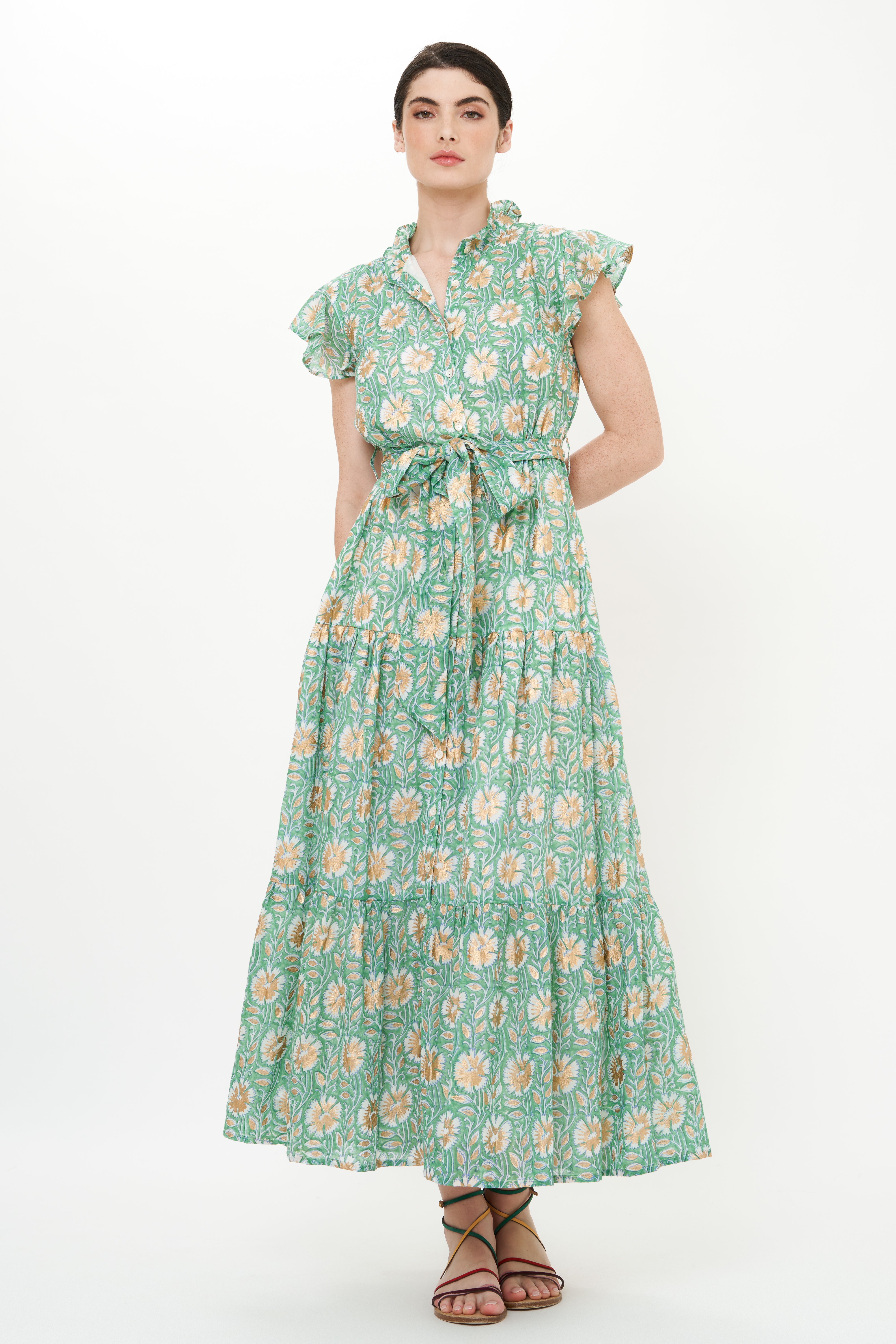 Ruffle Collar Button Maxi- Mughal Green