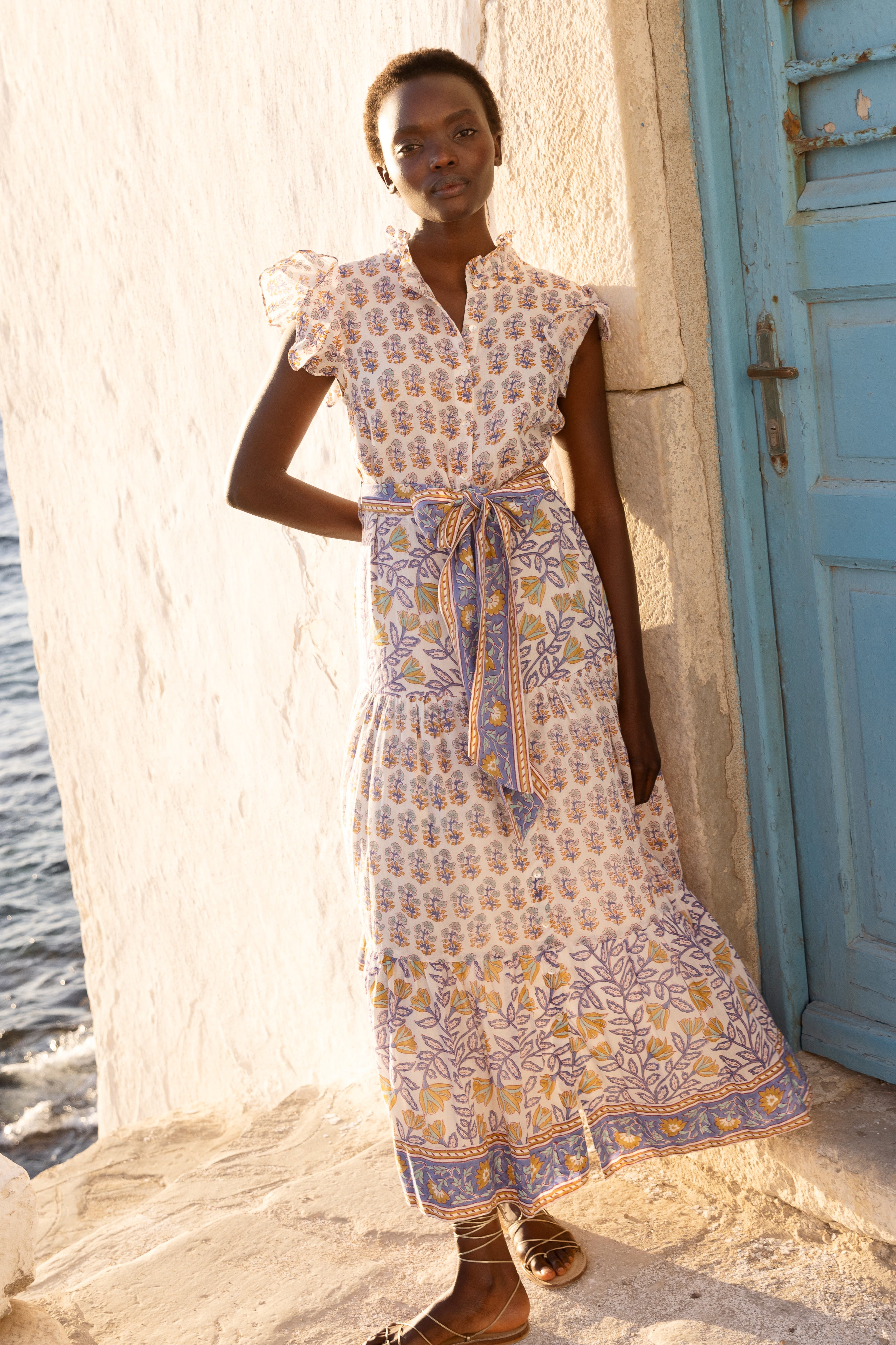 Ruffle Collar Button Maxi- Napa Blue