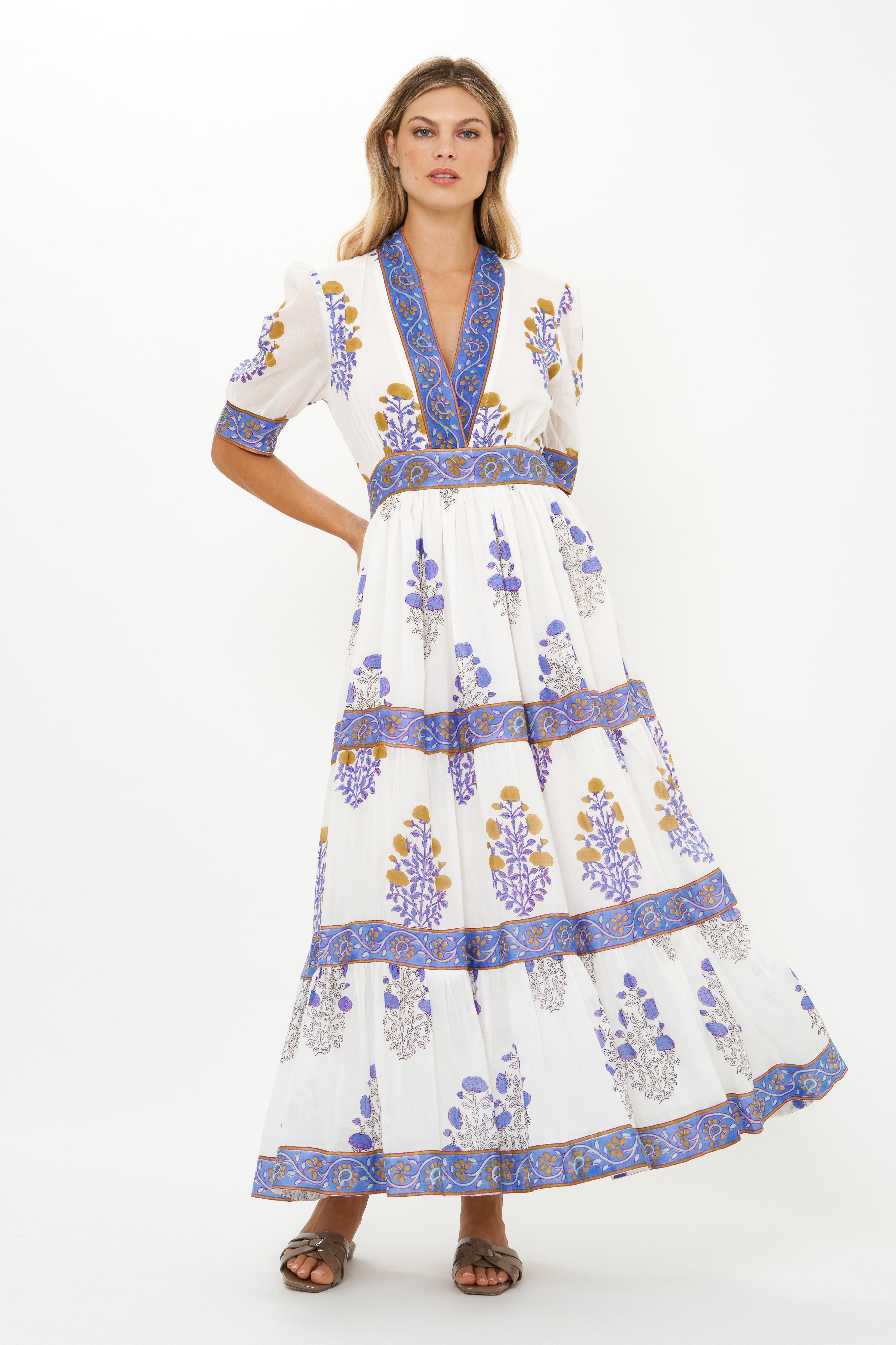 V-Neck Cuffed Maxi- Napa Blue