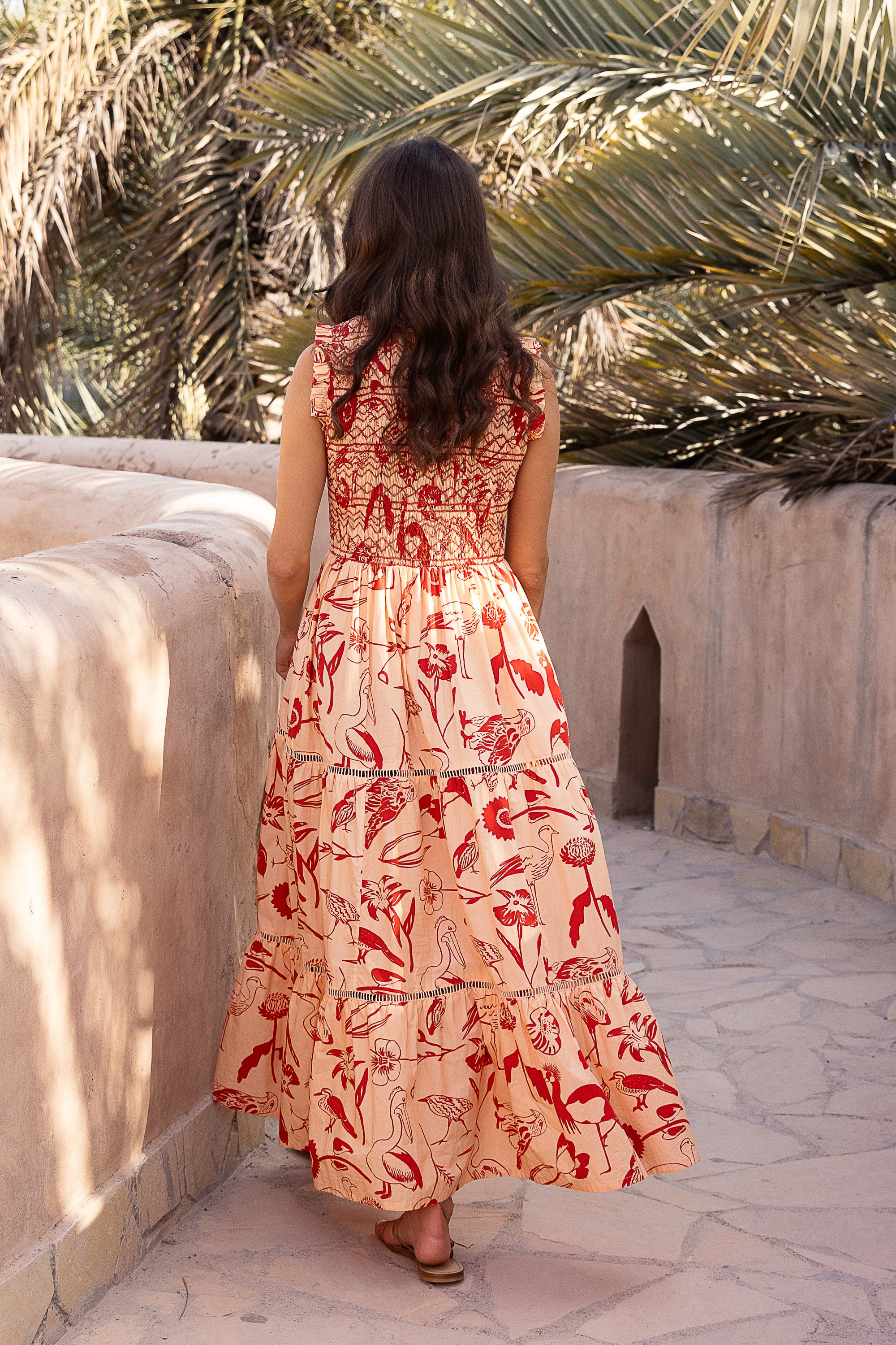 Sleeveless Smocked Maxi- Audubon Red