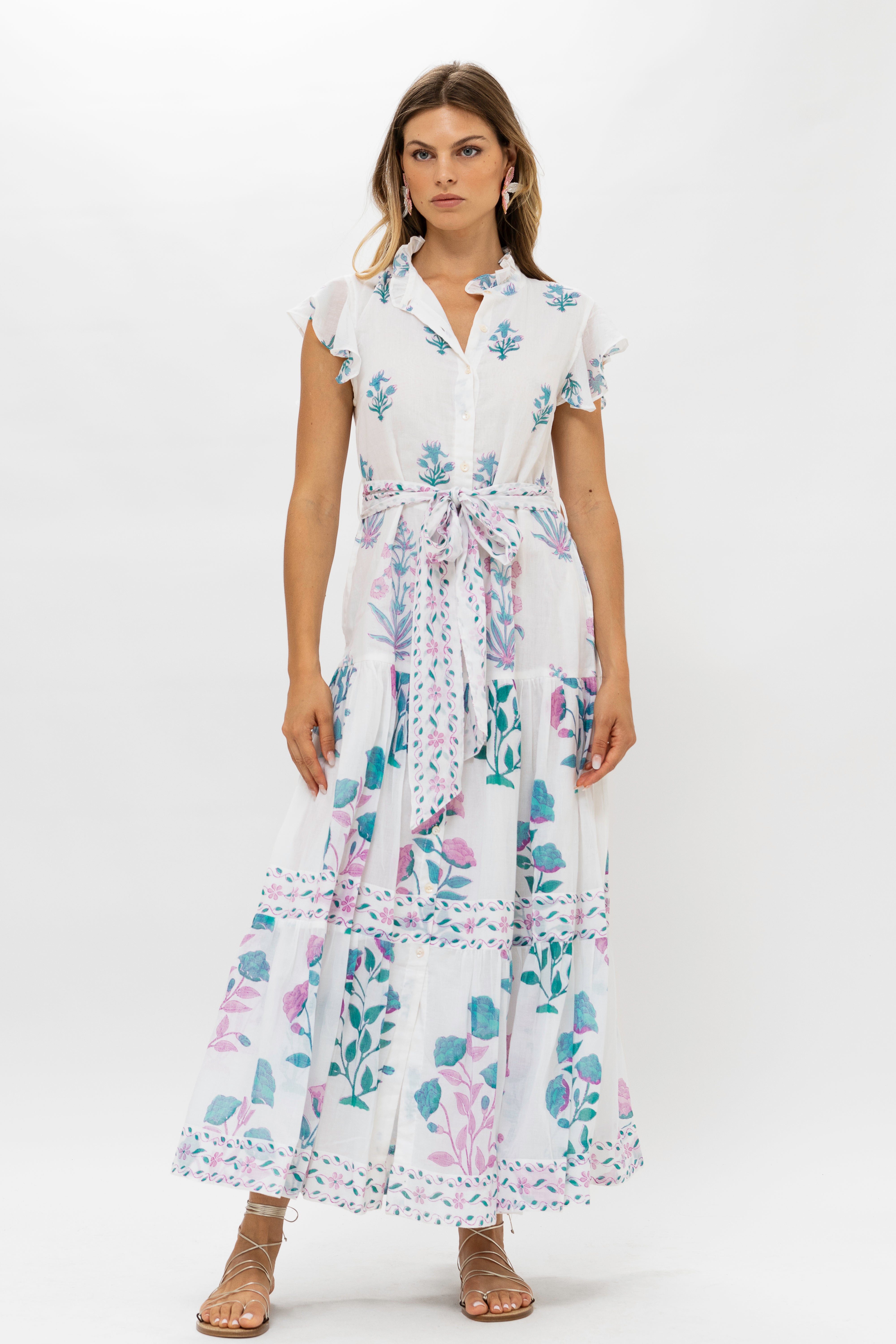 Ruffle Collar Button Maxi- Paladio Teal